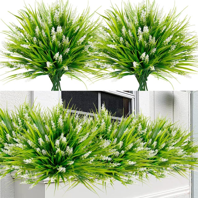 10 Pacotes de Plantas Artificiais para Exterior, Flores de Lavanda Artificial, Relva de Macaco Artificial, Plantas de Plástico Resistente aos UV