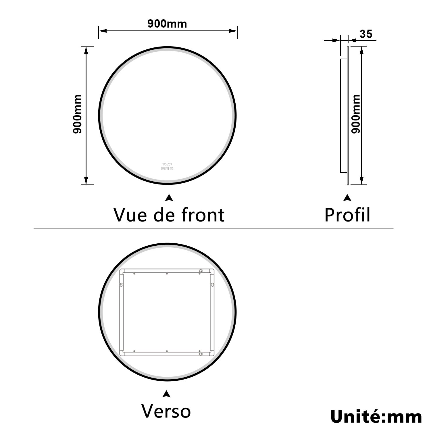 Aica Miroir lumineux de salle de bain Bluetooth Rond 90cm Avec Horloge + 3 Couleurs + Dimmable + Anti-Buée, Noir Cadre Non-Métallique - 7