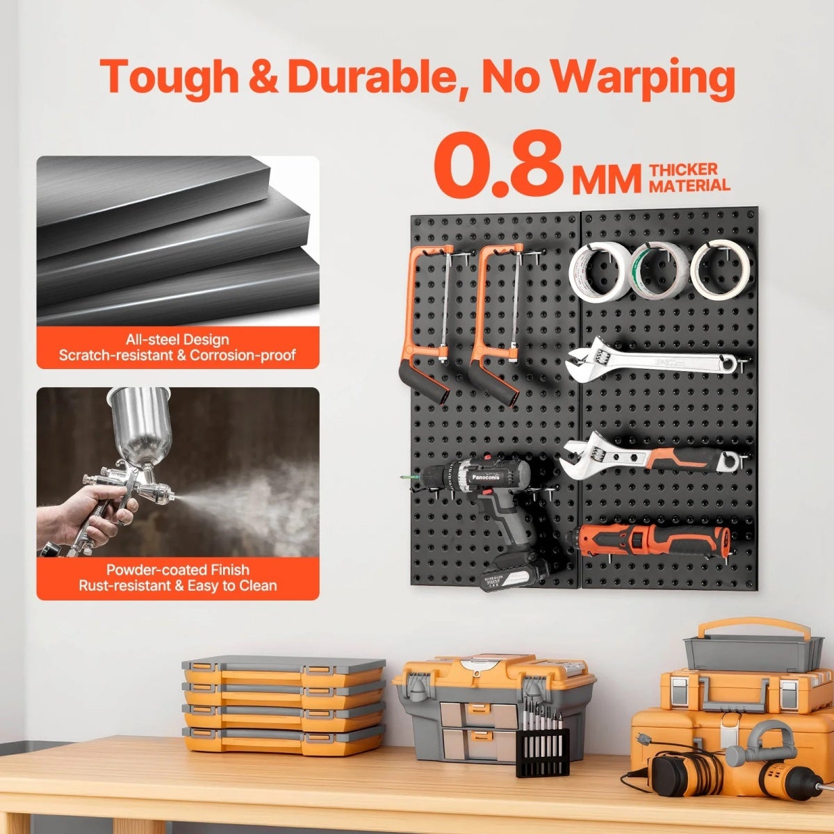 BOMCLAP – Support de rangement mural pour outils (type panneau perforé), en acier au carbone traité antirouille, panneau de tri pour garage - 9
