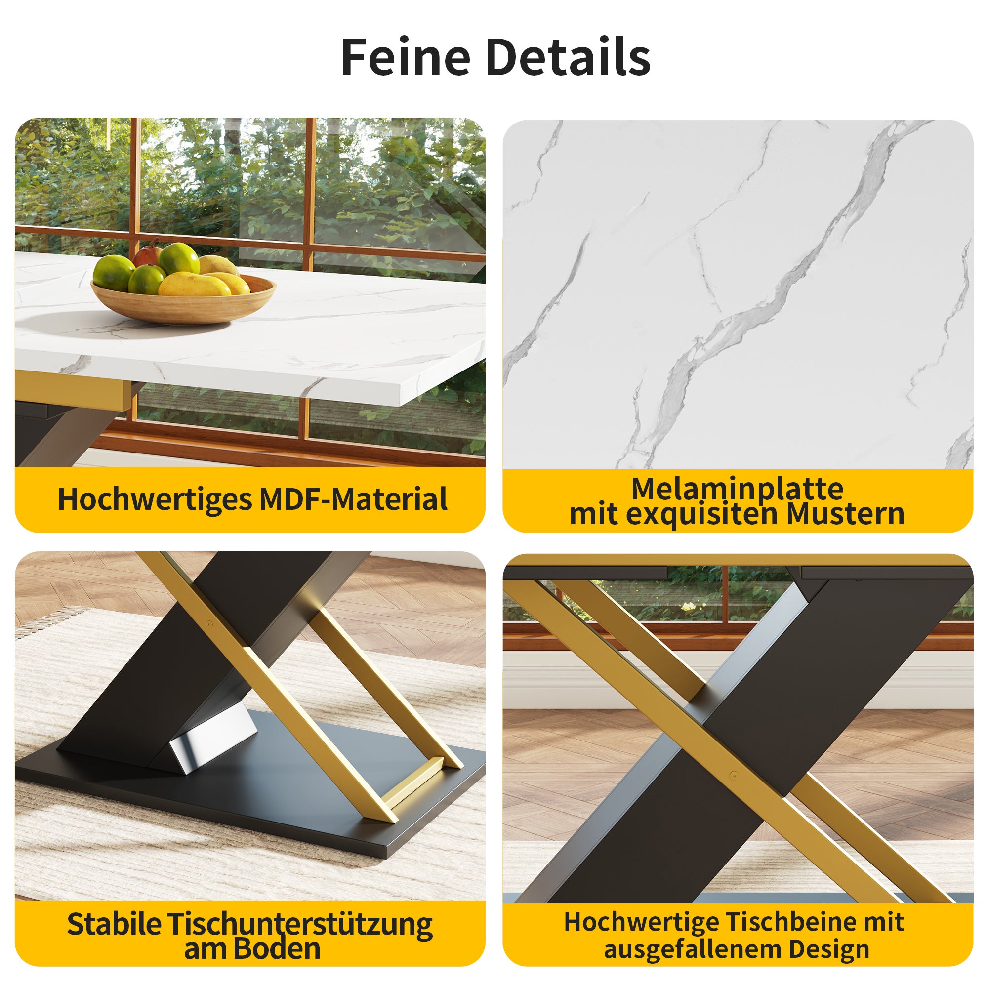 Table à manger extensible 4 à 6 couverts - 120/160 x 80 x 75.4 cm - MDF + Pieds en métal crosés - Blanc + noir - 8