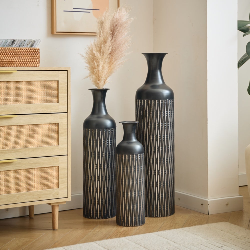 Lot de 3 Grands Vases de Sol Cache-Pot Industriel Rainuré 50/66/83 cm Métal Noir - 5