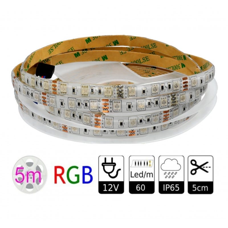 Ruban Led Bande LED 12V RGB 60 LEDs/mètre extérieur IP65 SMD5050 ...