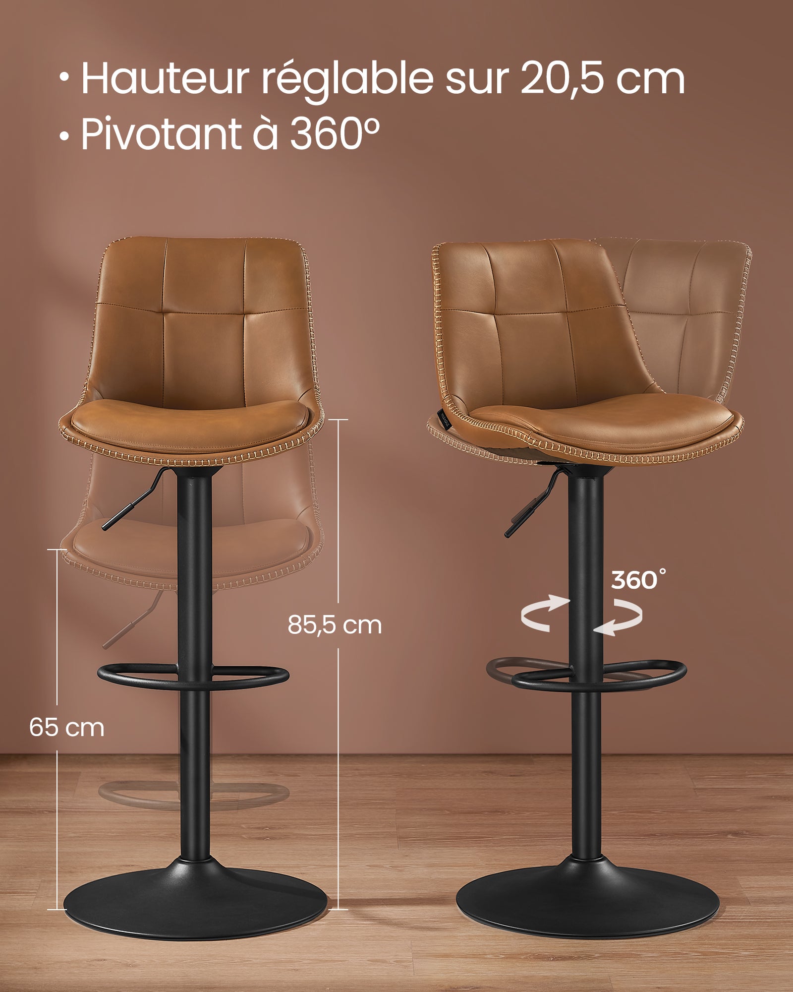 Tabourets de Bar, Lot de 4, Siège Pivotant à Hauteur Réglable, en PU, avec Dossier et Repose-Pieds, Marron Caramel - 6