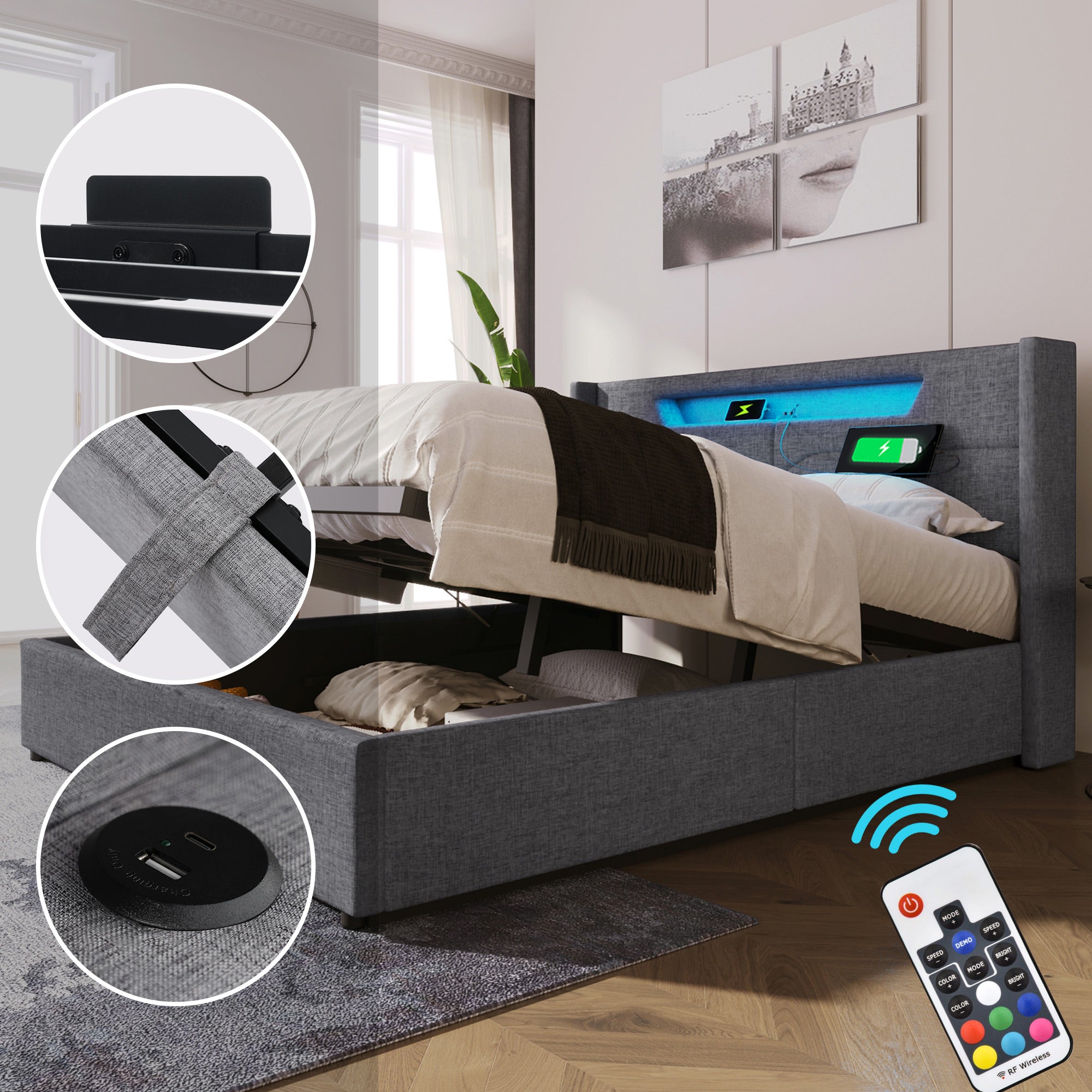 Cama arcón doble, lino, carga USB tipo C e iluminación LED, (140 x 200 cm, gris, sin colchón) - 6