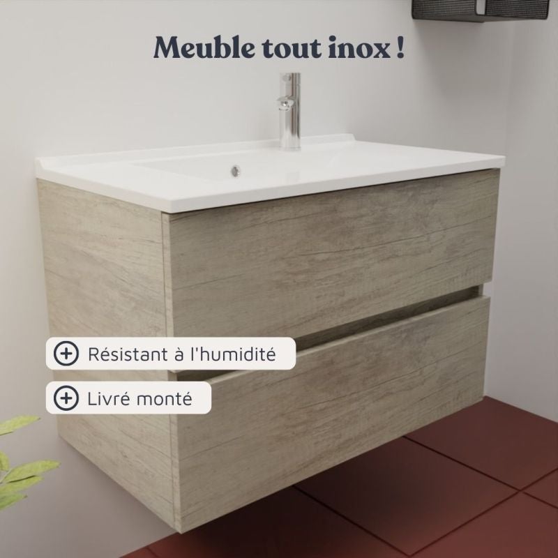 Meuble salle de bain suspendu 80 cm ROSALY INOX- Bois- Plan vasque en Résine - 5