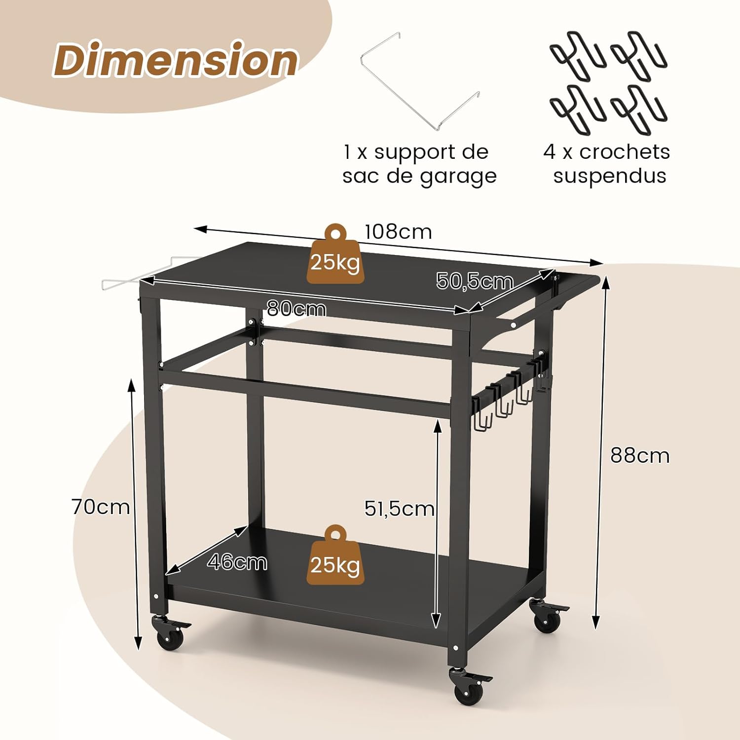 Desserte Jardin, Chariot de Barbecue avec 4 roulettes Verrouillables, Desserte Extérieur pour Barbecue, Plancha avec 4 Crochets et Étagère - 4