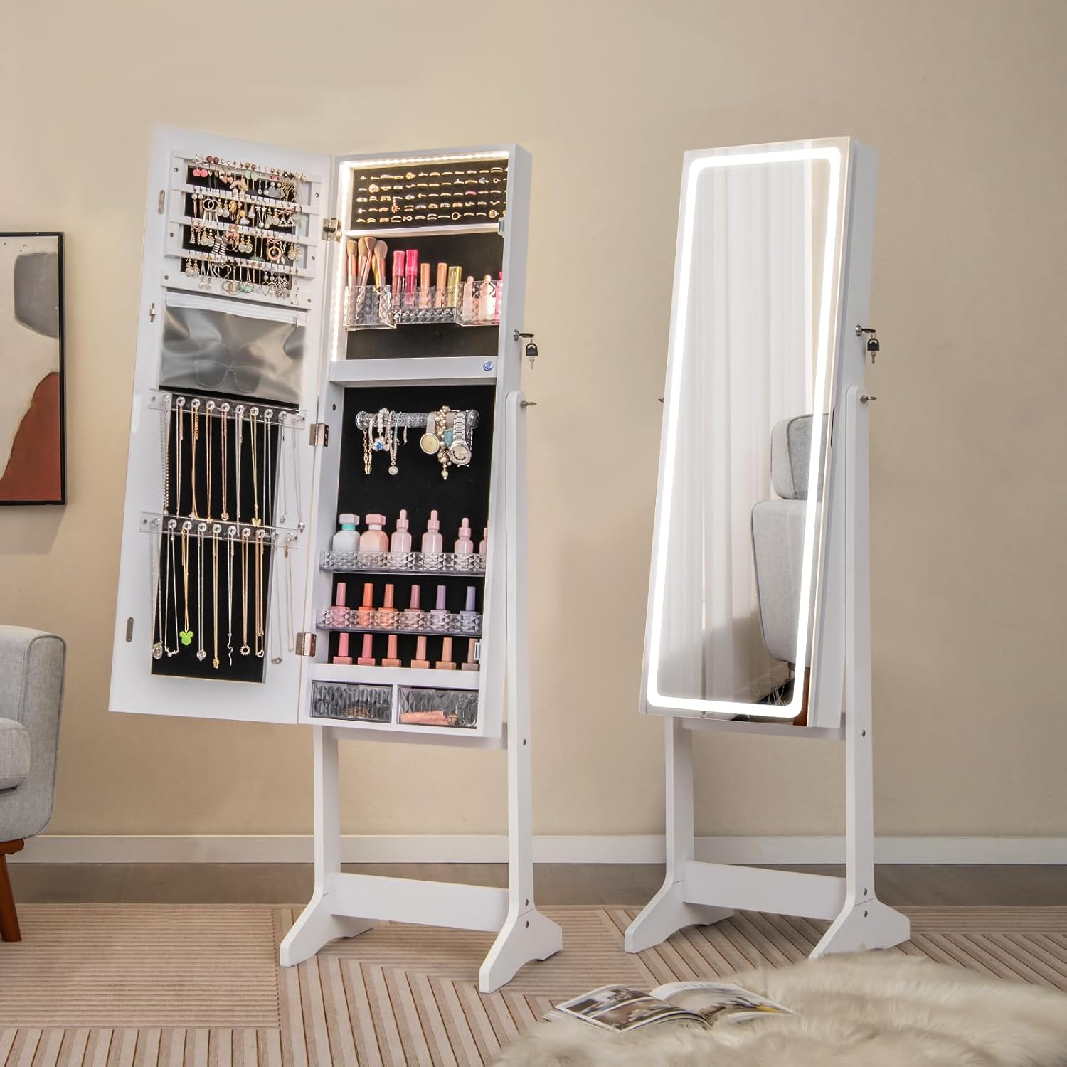 Armoire à Bijoux avec Miroir, Armoire de Rangement sur Pied pour Boucles d'Oreilles, Organisateur de Bijoux Verrouillable avec Lumières(Blanc) - 7
