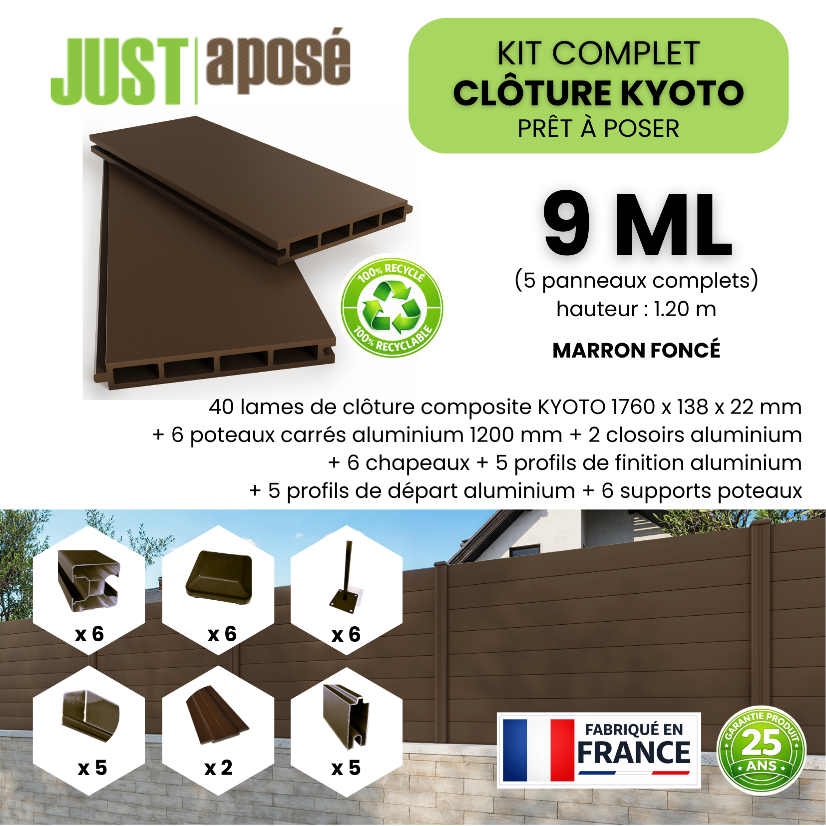 Kit complet clôture composite KYOTO - 5 panneaux complets - 9 x 1,20 m - Prêt à poser - Marron foncé - 4
