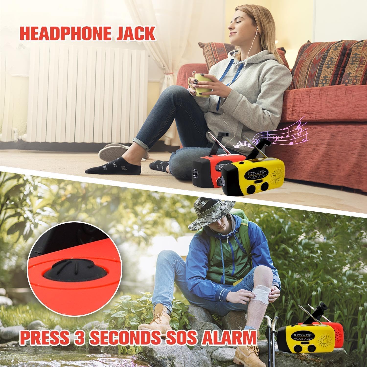 Radio solar de manivela 2000mAh, linterna LED, alarma SOS y cargador de teléfono, para supervivencia y emergencias al aire libre. - 3