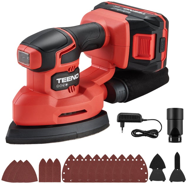TEENO Ponceuse sans fil multifonction 3 en 1 20 V, batterie 2 Ah, 13 000 tr/min, sac à poussière inclus, 15 feuilles abrasives