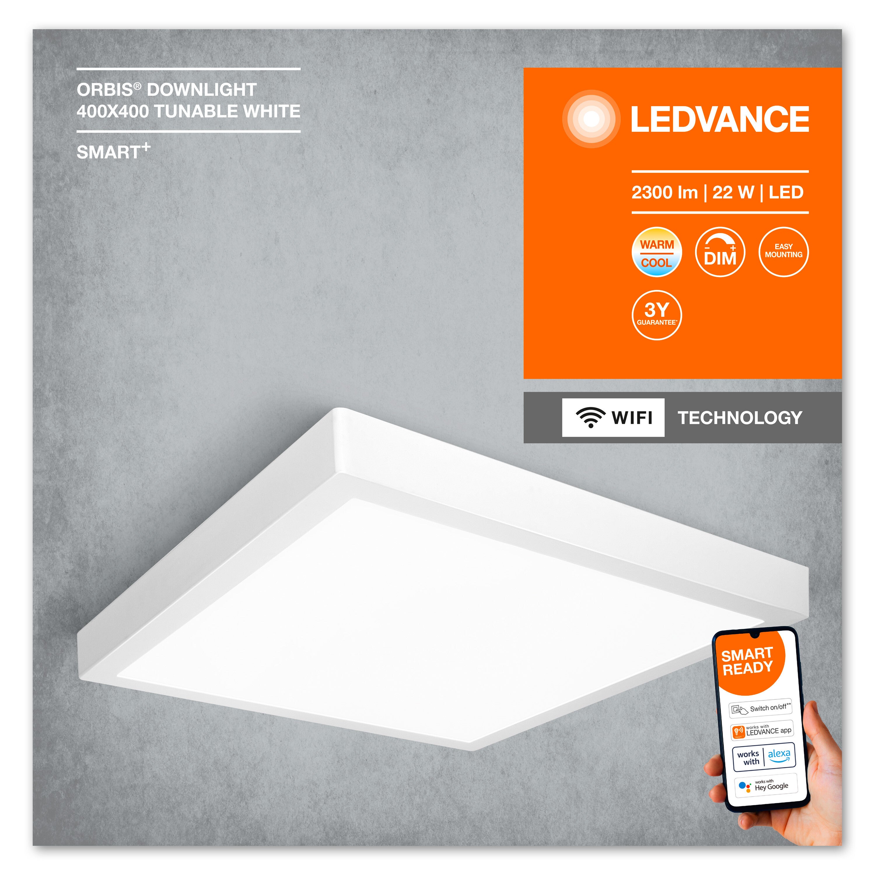 LEDVANCE Luminaire: adapté à plafond, SMART SURFACE DOWNLIGHT TW / 22 W, 220…240 V, angle de rayonnement: 110, Blanc dynamique, 3000…6500 K, matériau - 3
