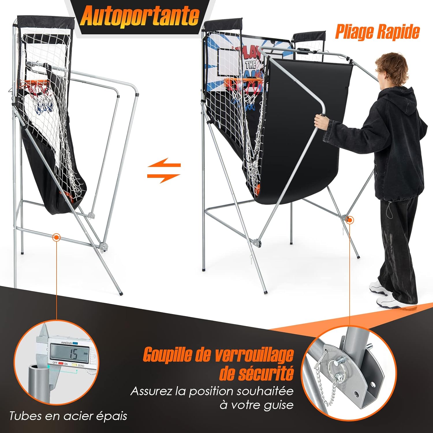 Jogo de basquetebol dobrável, 2 aros e 4 bolas, 8 modos de jogo, sensor elétrico, placar LED, 4 botões de funcionamento, 207 x 108 x 205 cm - 4