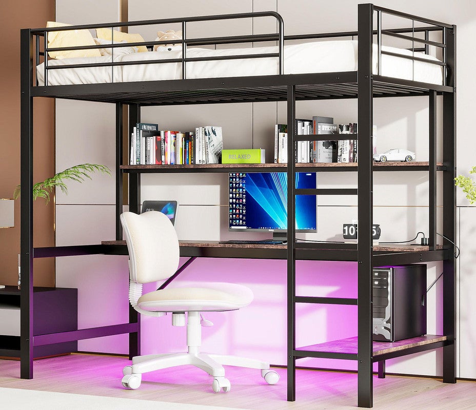 Łóżko piętrowe 90x200 cm - z barierkami - z drabinką - z USB i gniazdkami - z oświetleniem LED - z biurkiem + półki wielopoziomowe - czarne