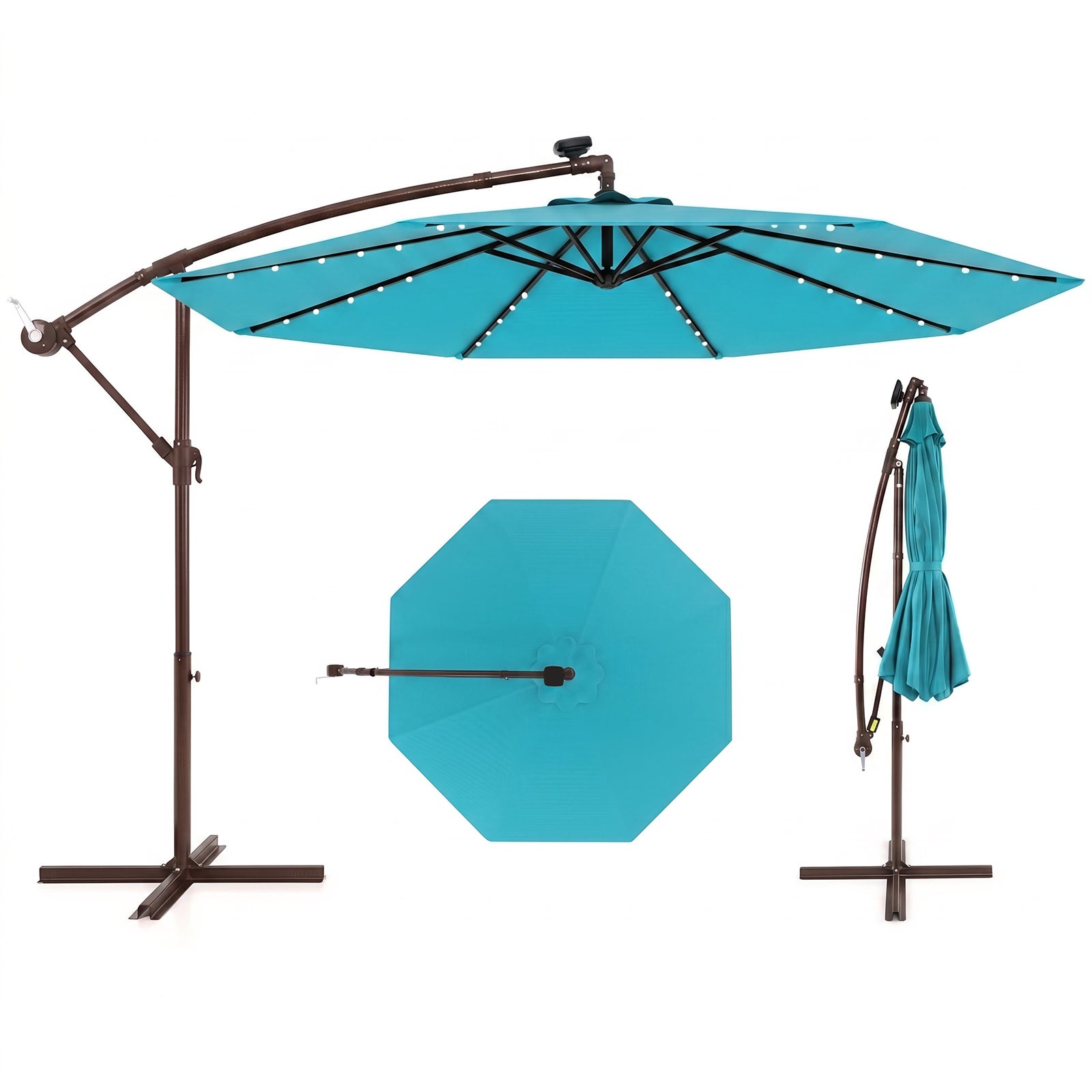 Parasol przeciwsłoneczny, 300 cm, z 40 solarnymi diodami LED i korbą, parasol ogrodowy, parasol na taras, do ogrodu, na basen, taras (turkusowy)