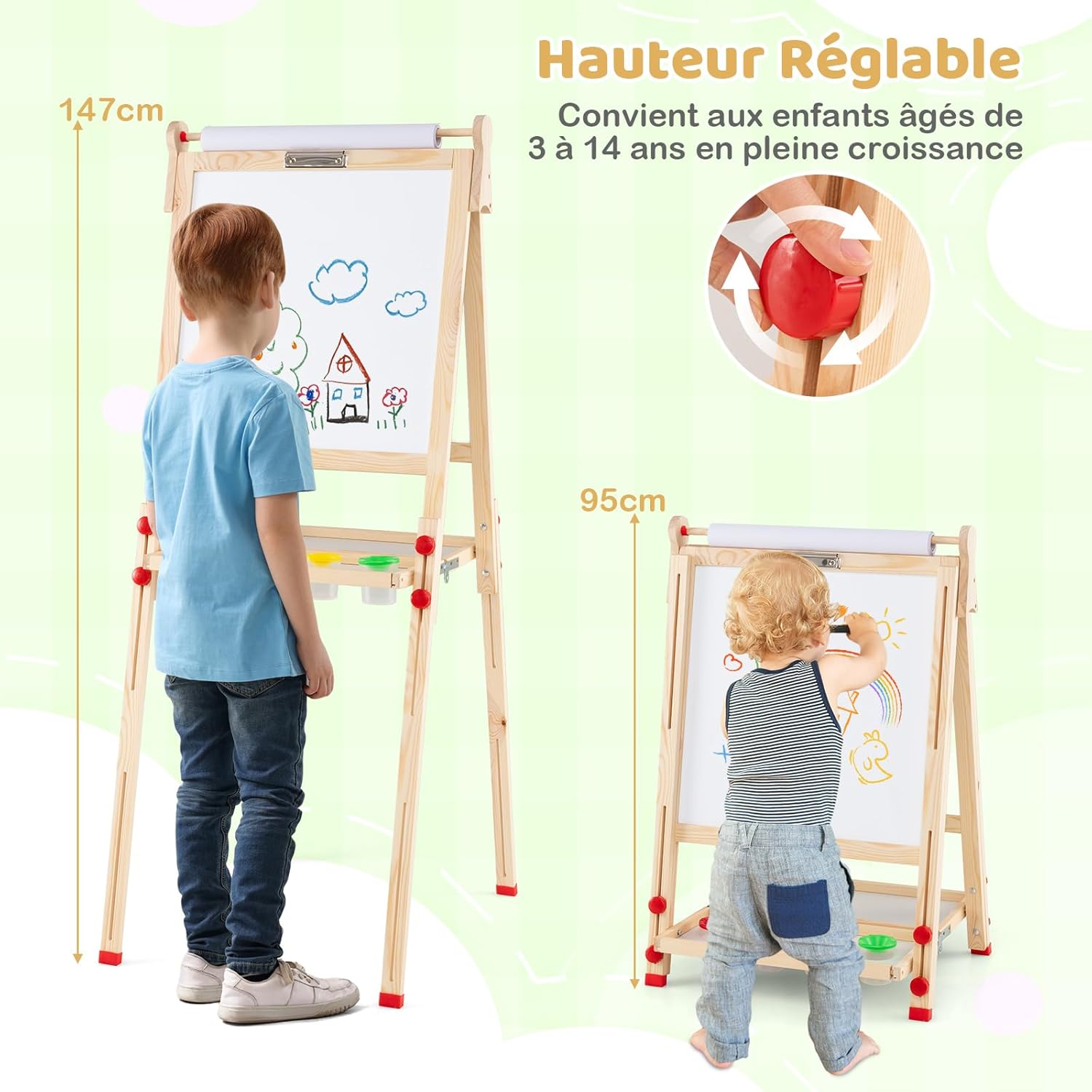 AIYAPLAY Tableau Chevalet Enfant 3 en 1 Double Face Magnétique 3-6 Ans Gris | Panneau Blanc et Noir, Rouleau Papier, 2 Paniers Rangement Intégrés, en Bois