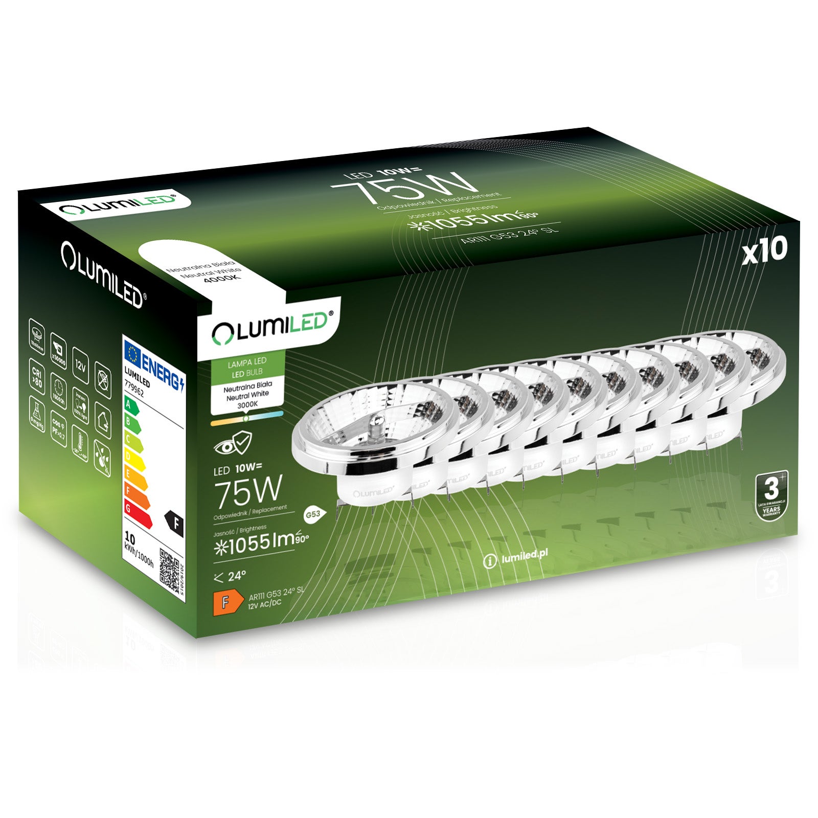 Żarówka LED Lumiled G53 Reflektor AR111 10W 1055lm 4000K Neutralna biel 24st 12V Srebrna 10 szt.