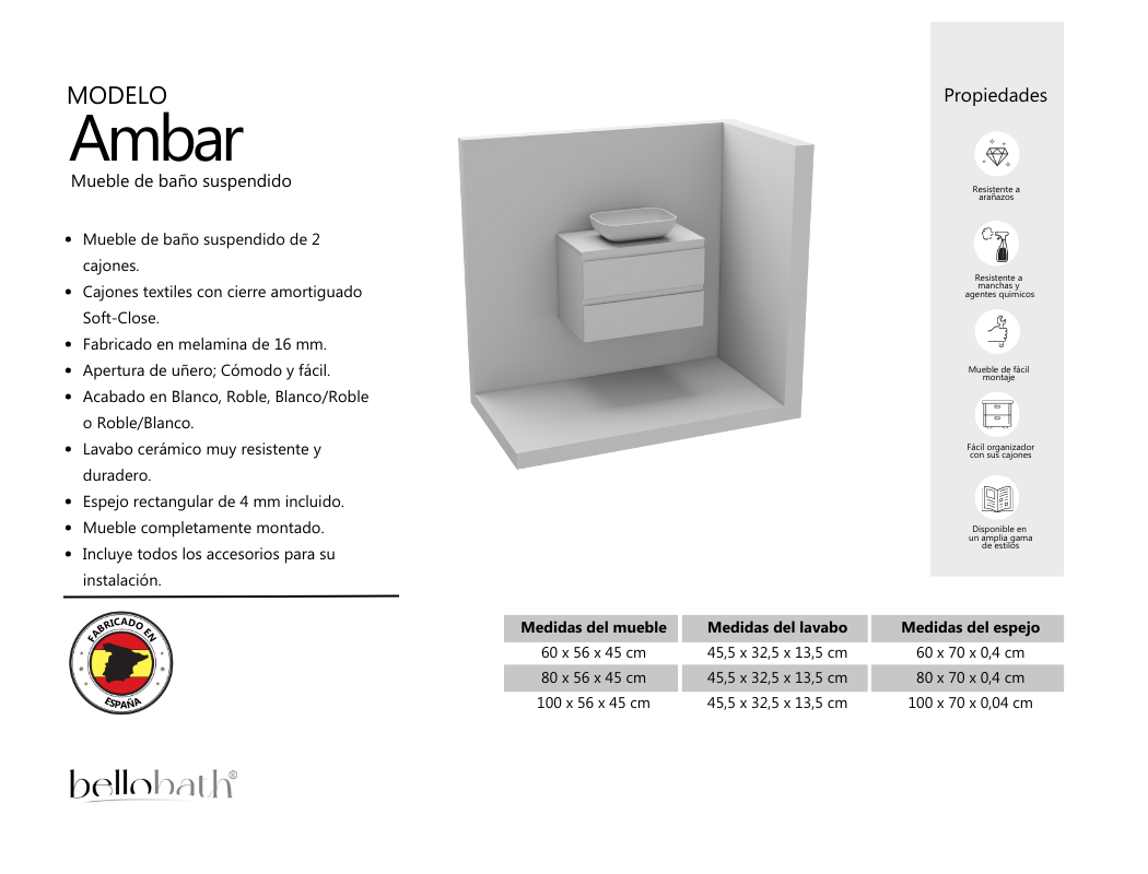 BELLOBATH - Móvel com Lavatório de Cerâmica e Espelho, Móvel com 2 Gavetas, 100 x 55 x 46 cm, Móvel Carvalho - 5