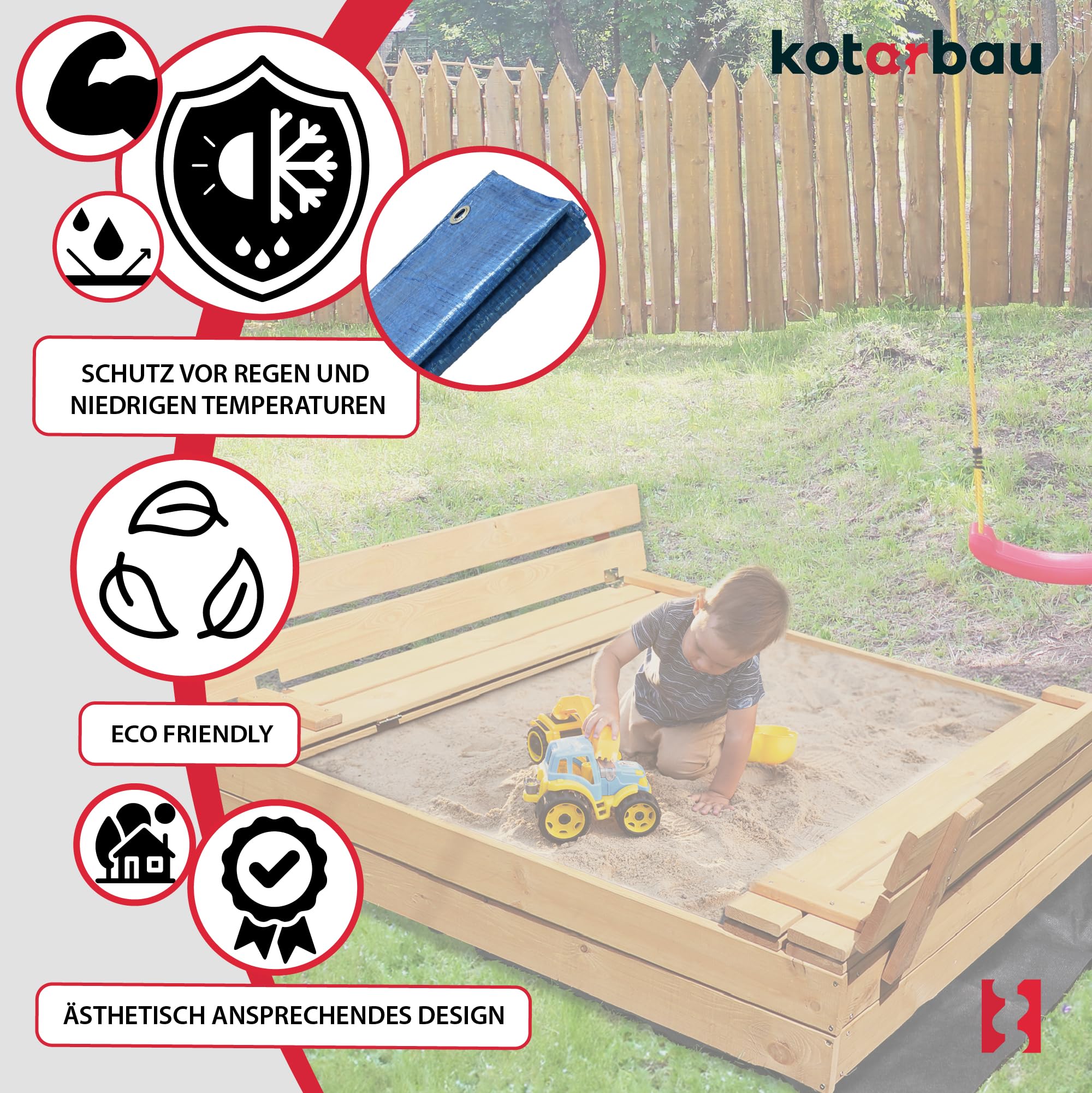 Bac à Sable Enfant Extérieur - Bois - 120 x 120 cm - Naturel - avec Couvercle et Bancs - Avec Tissu Anti-Mauvaises Herbes - KOTARBAU - 5