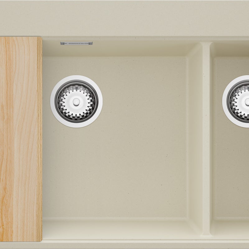 Zlewozmywak Beżowy 78x50cm, Zlew Kuchenny 2 Komorowy + Syfon + Deska, Nablatowy do szafki od 80cm - Oslo Duo PRIMAGRAN