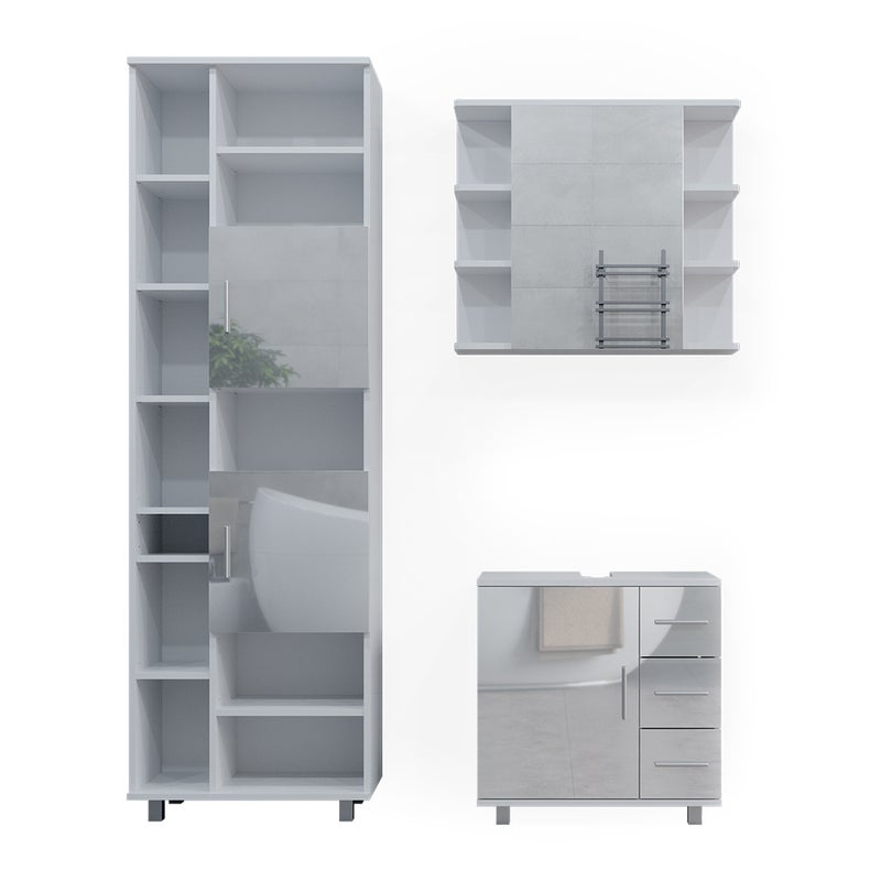 Vicco Zestaw mebli łazienkowych Ilias, Biały wysoki połysk, 3 części, z wysoką szafką