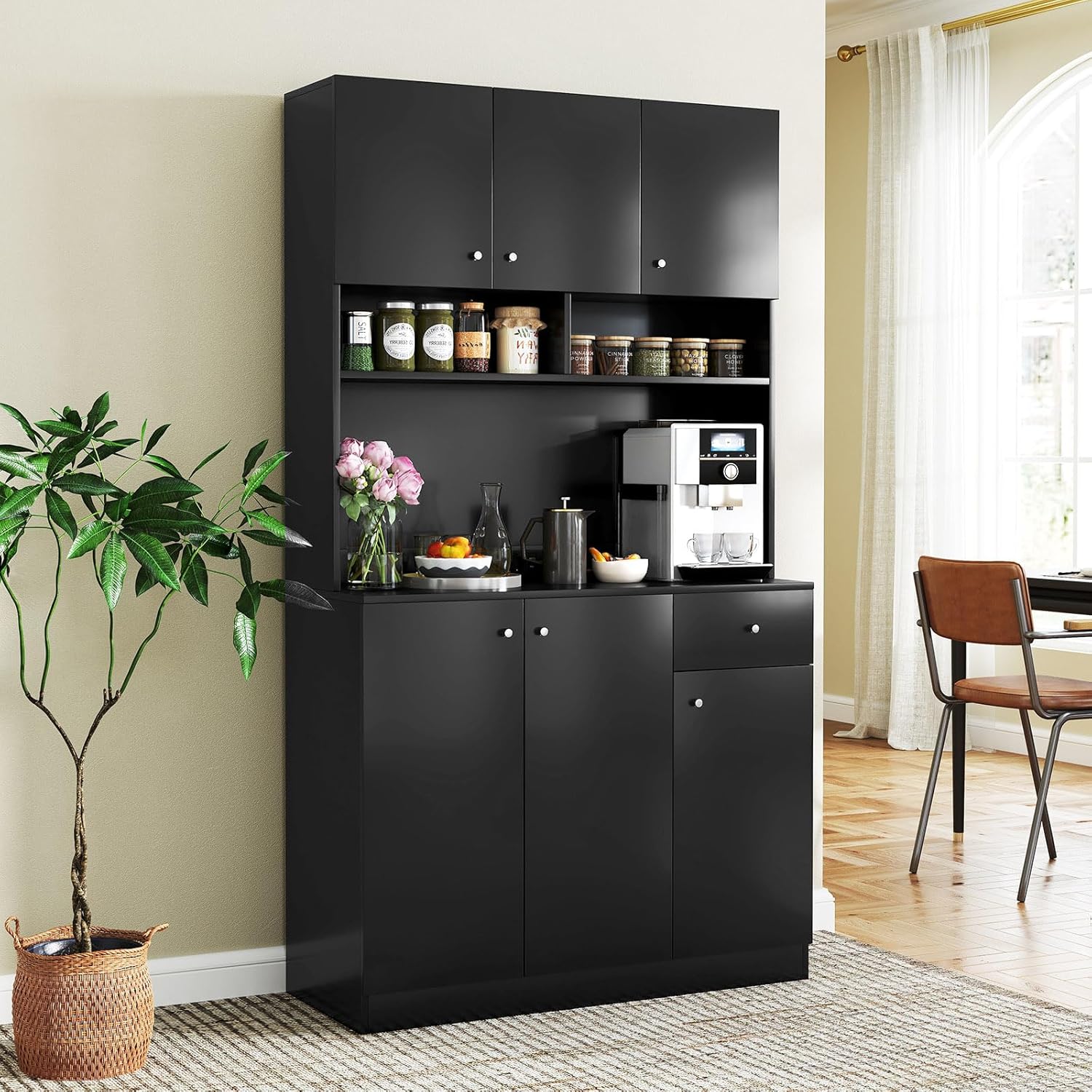 Buffet de Cuisine, Armoire Cuisine avec Prises, 4 Placards, Grand Tiroir, Station de Recharge, Vaisselier, 100x40x181CM (Noir) - 2