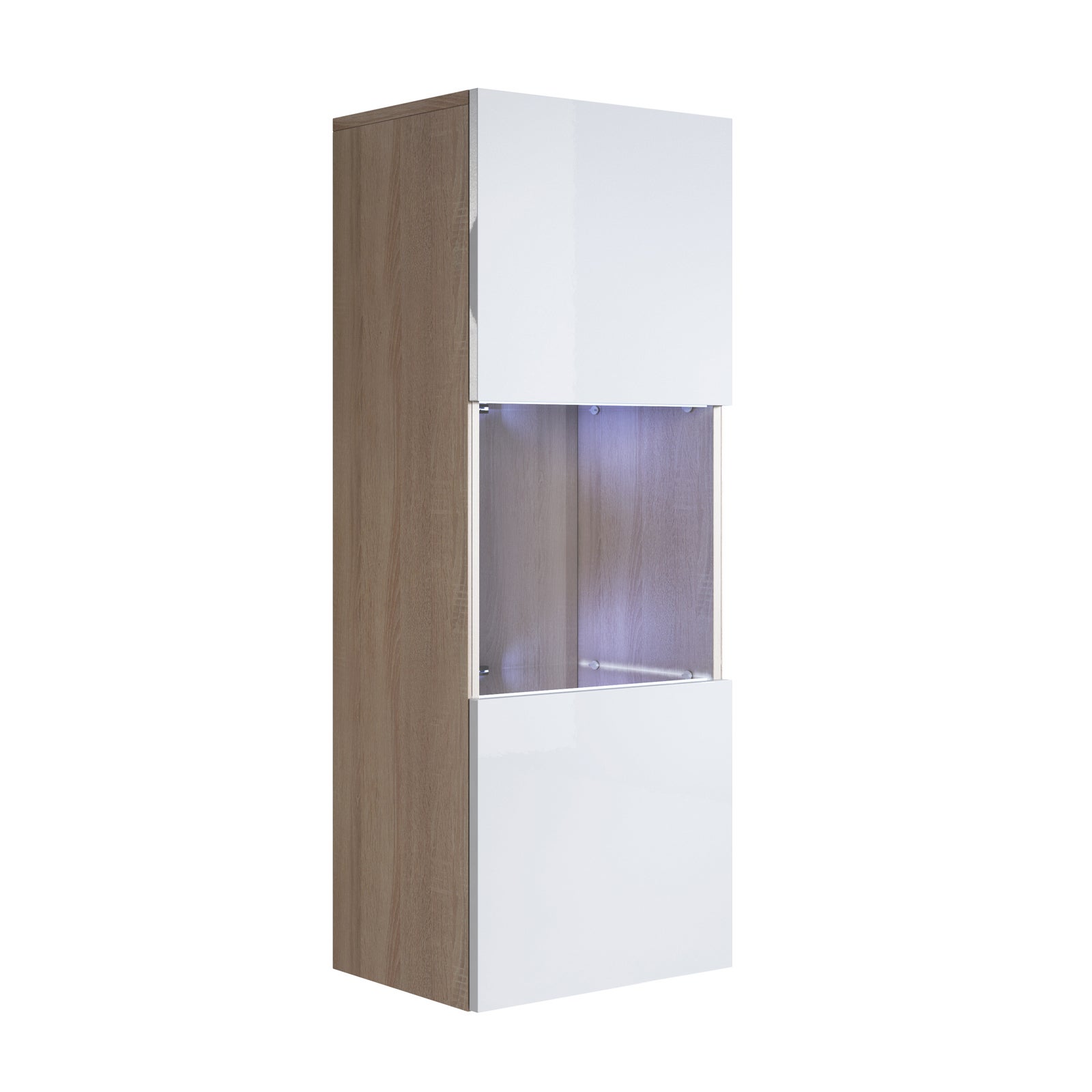 Vitrina colgante | armario | mueble de salón | vitrina de pared | led | 1 puerta | 40x126x29cm | modelo luke v3 | sonoma mate y blanco brillo