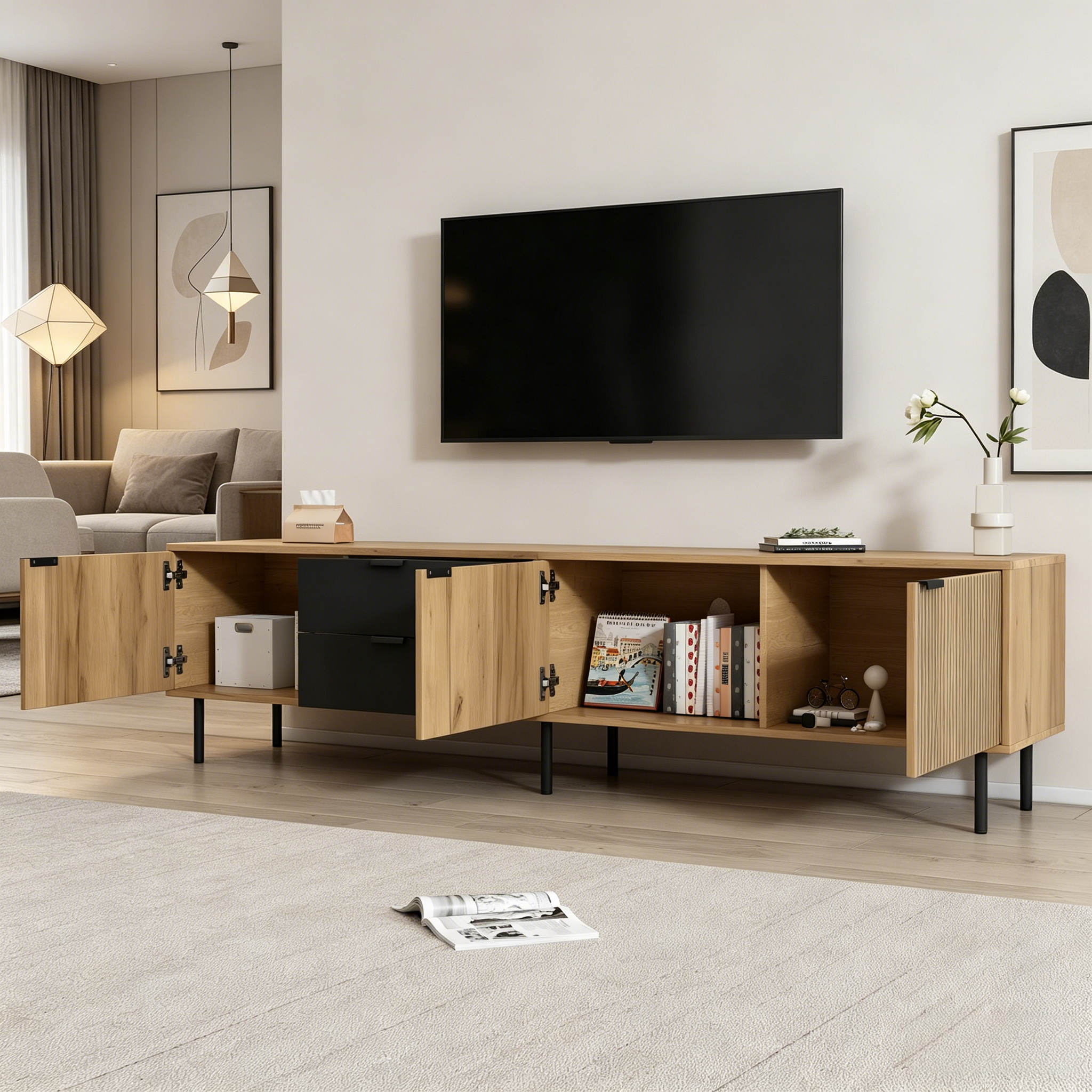 Stolik pod TV z 3 drzwiami i 2 szufladami - 208 x 40 x 48 cm - Płyta wiórowa i metalowe nogi - Kolor czarny z efektem drewna - 4