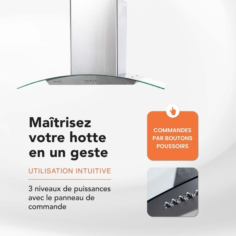 HOTTE DECORATIVE MURALE 90 CM - VERRE ET INOX - 559 m3 - 200W - 60dB - 4