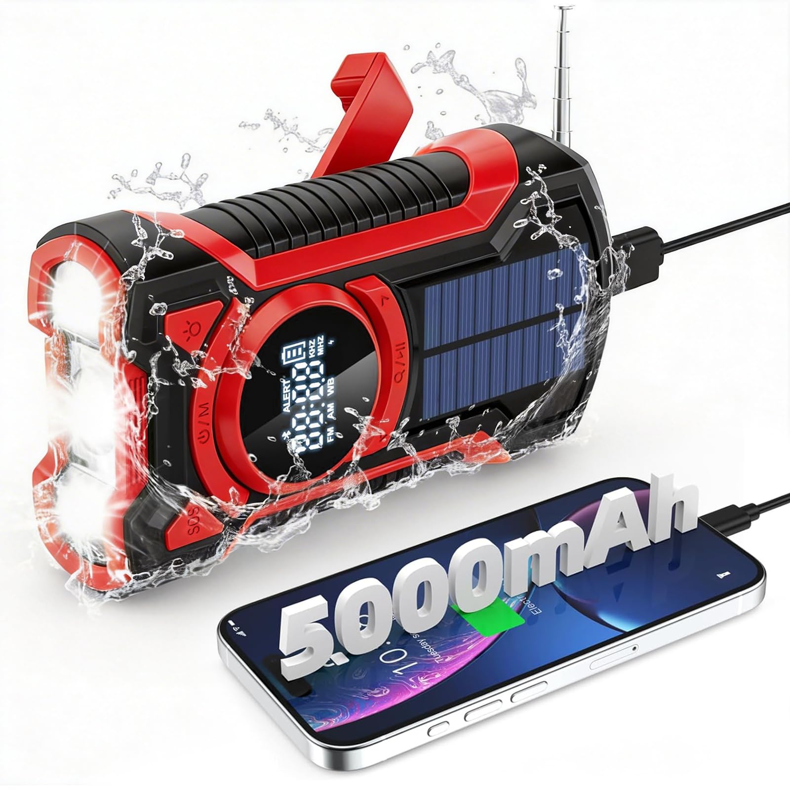 Radio a manovella alimentata ad energia solare, AM/FM/WB, batteria ricaricabile da 4000 mAh, con torcia e funzione di allarme SOS, blu. | Leroy Merlin