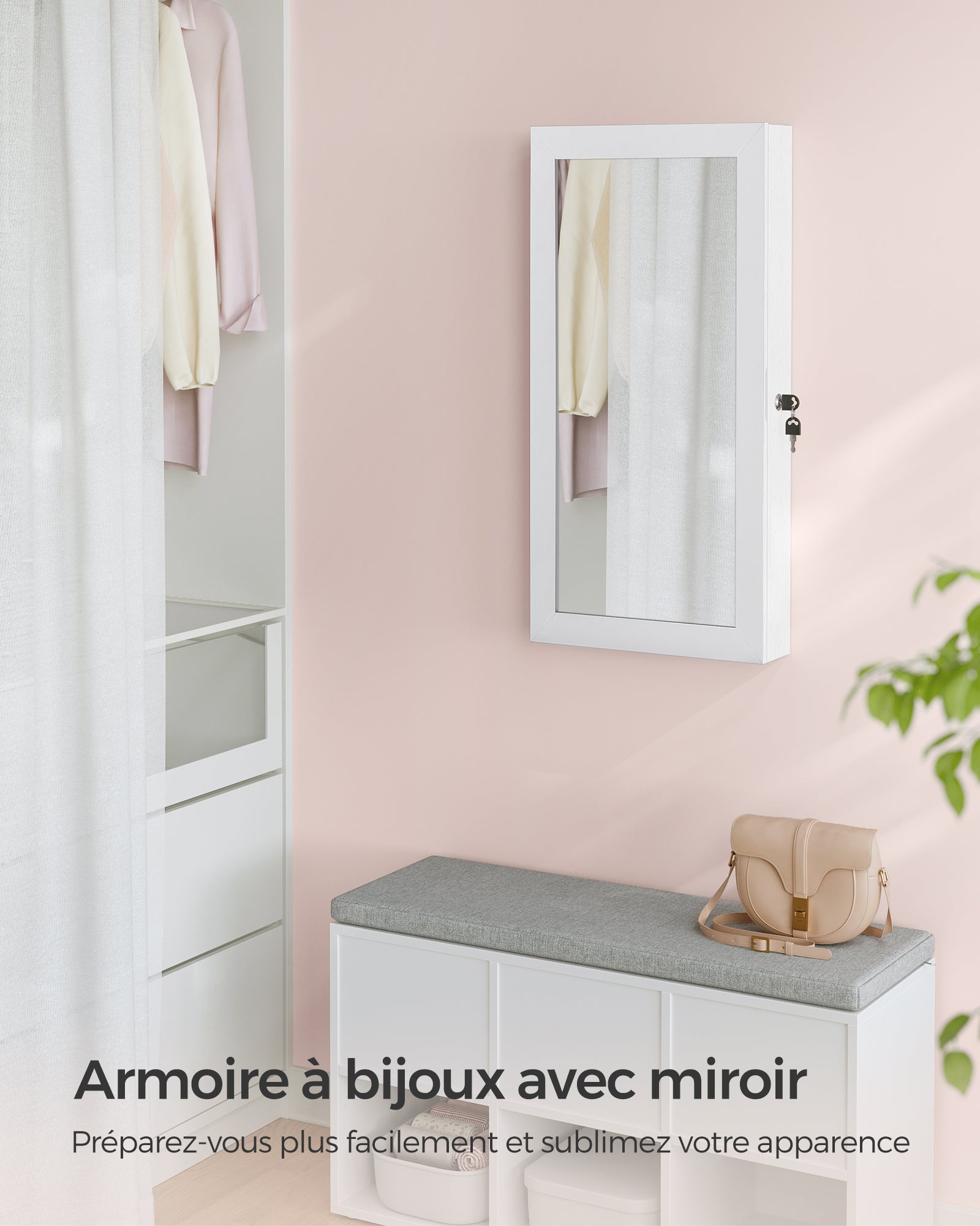 Armoire à Bijoux Murale, Organisateur de Bijoux, Rangement, Verrouillable, avec Miroir, Peu Encombrant, Surface en Blanc et Doublure en Grège - 6