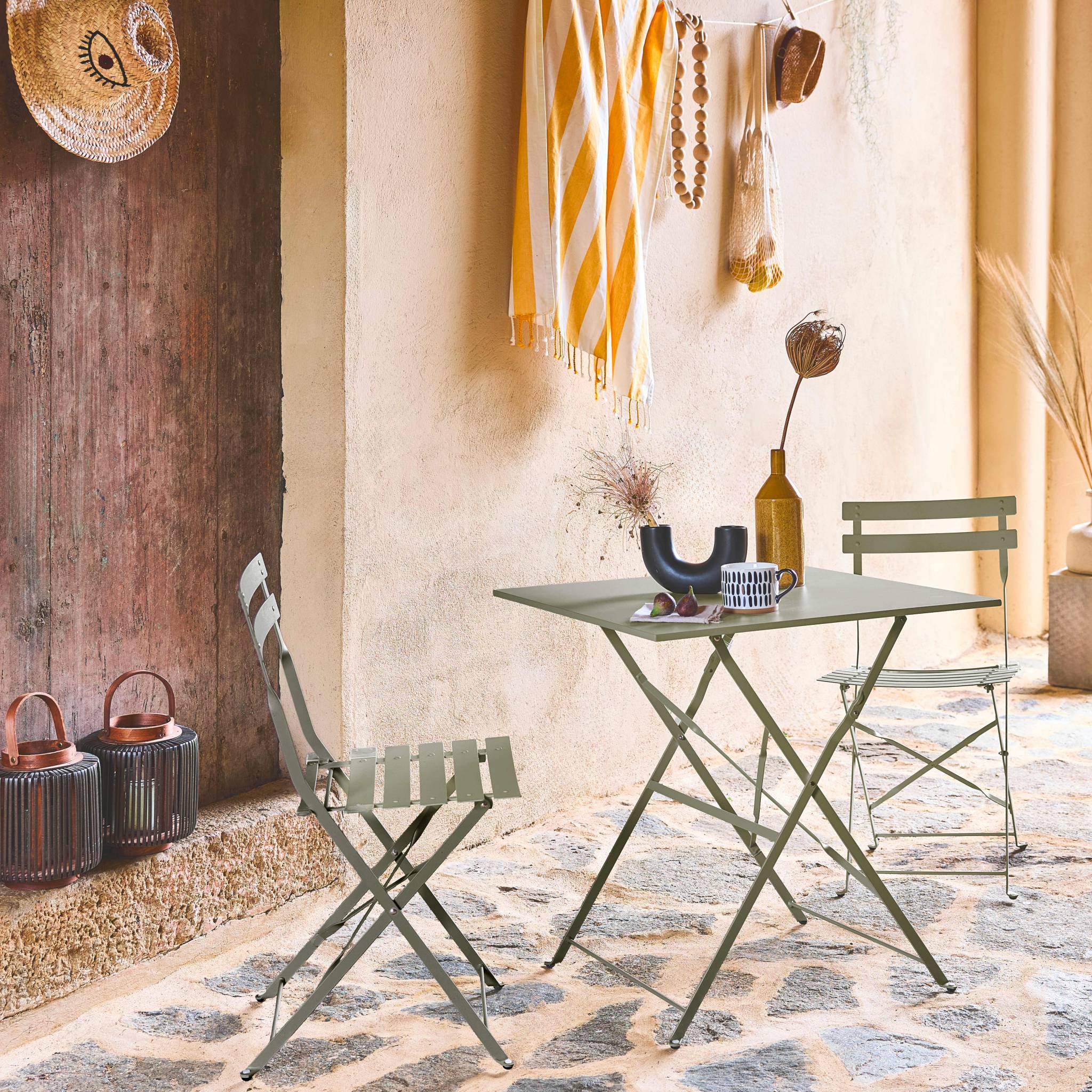 Table de jardin bistrot pliante métal + 2 assises vert de gris 70 x 70cm. acier thermolaqué EMILIA - 2