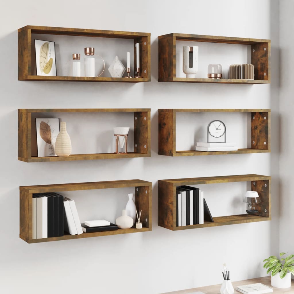 Set 6 Mensole A Cubo Design Moderno, Grigio Cemento 60x15x23 Cm - Scaffali A Parete In Truciolato Per Camerette E Soggiorno