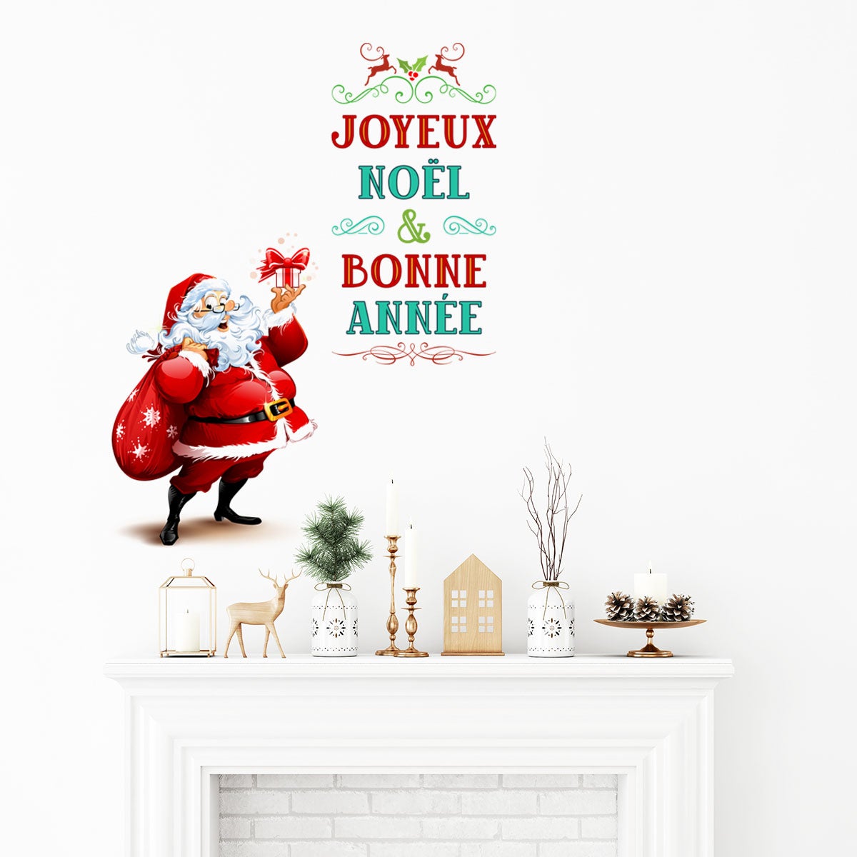 Sticker Noël père noël joyeux noël et bonne année - Autocollants stickers adhésifs noël - décoration fêtes - 80x95cm - 3