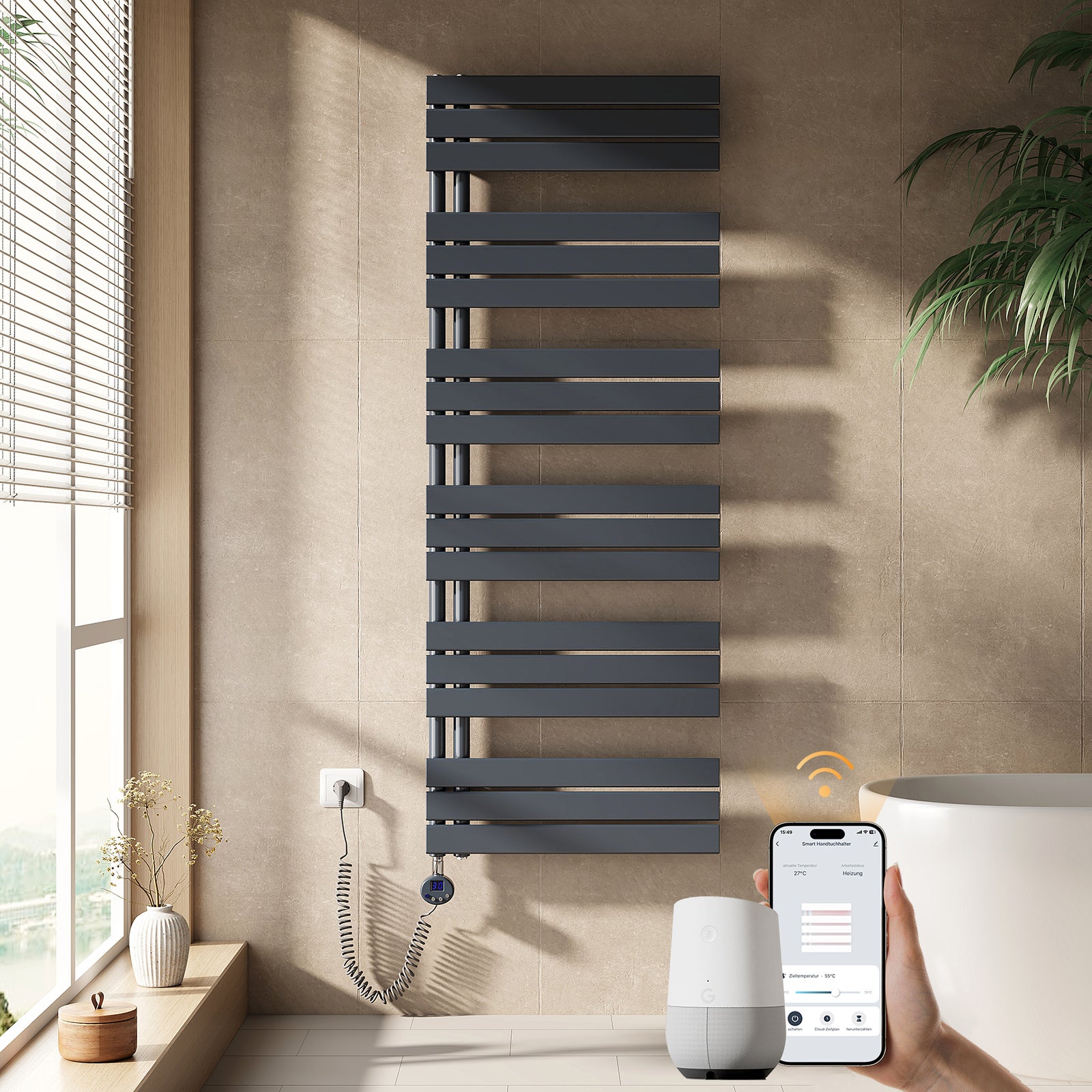 EMKE Grzejnik elektryczny łazienkowy 160x60cm - Inteligentne Sterowanie z Programatorem Tygodniowym w Aplikacji - 1000W - Matowy Antracyt