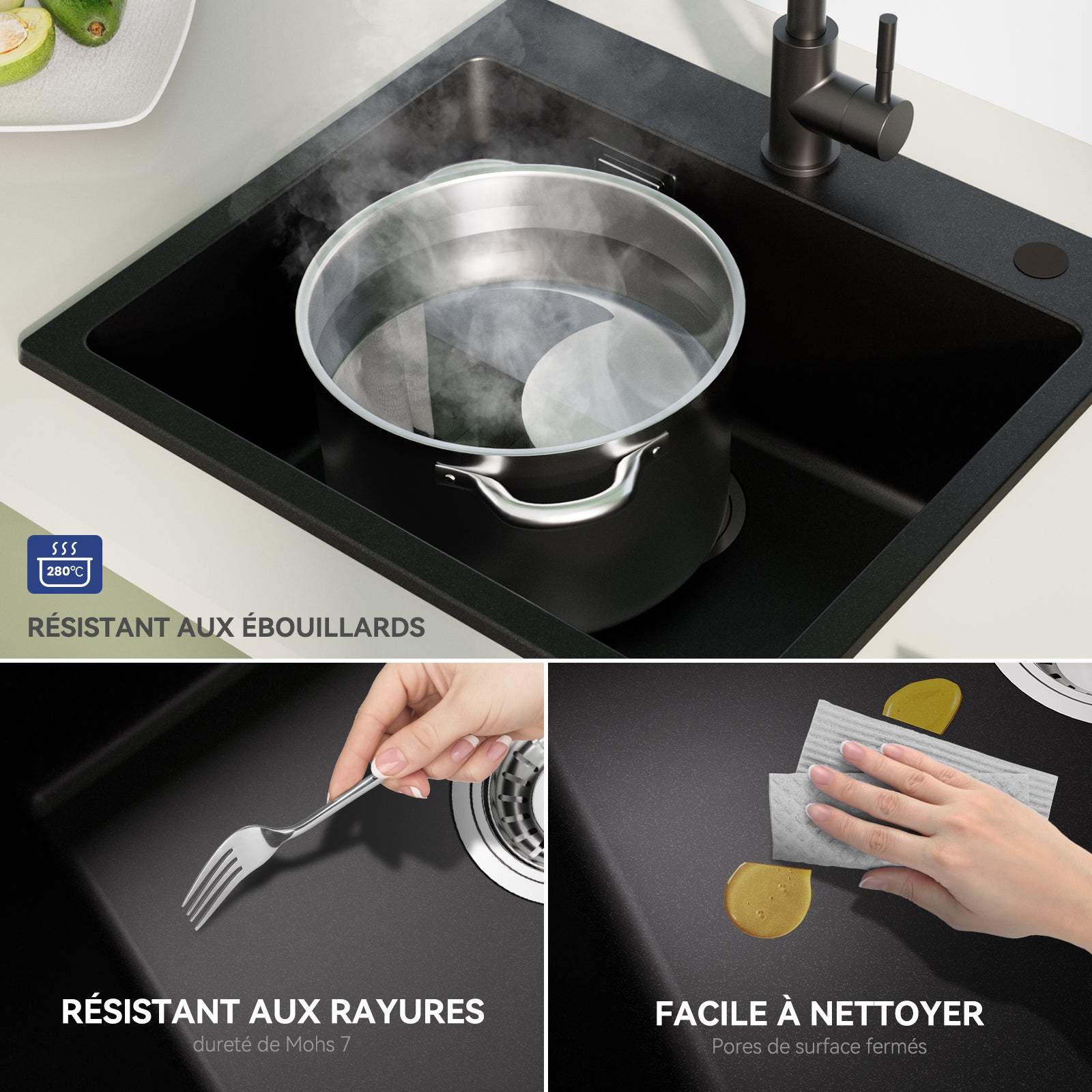 Cecipa max Evier de Cuisine Quartz Noir 50x45cm Evier 1 Bac en Granit, Evier à Encastrer 1 Vasque avec Panier de Vidange - 6