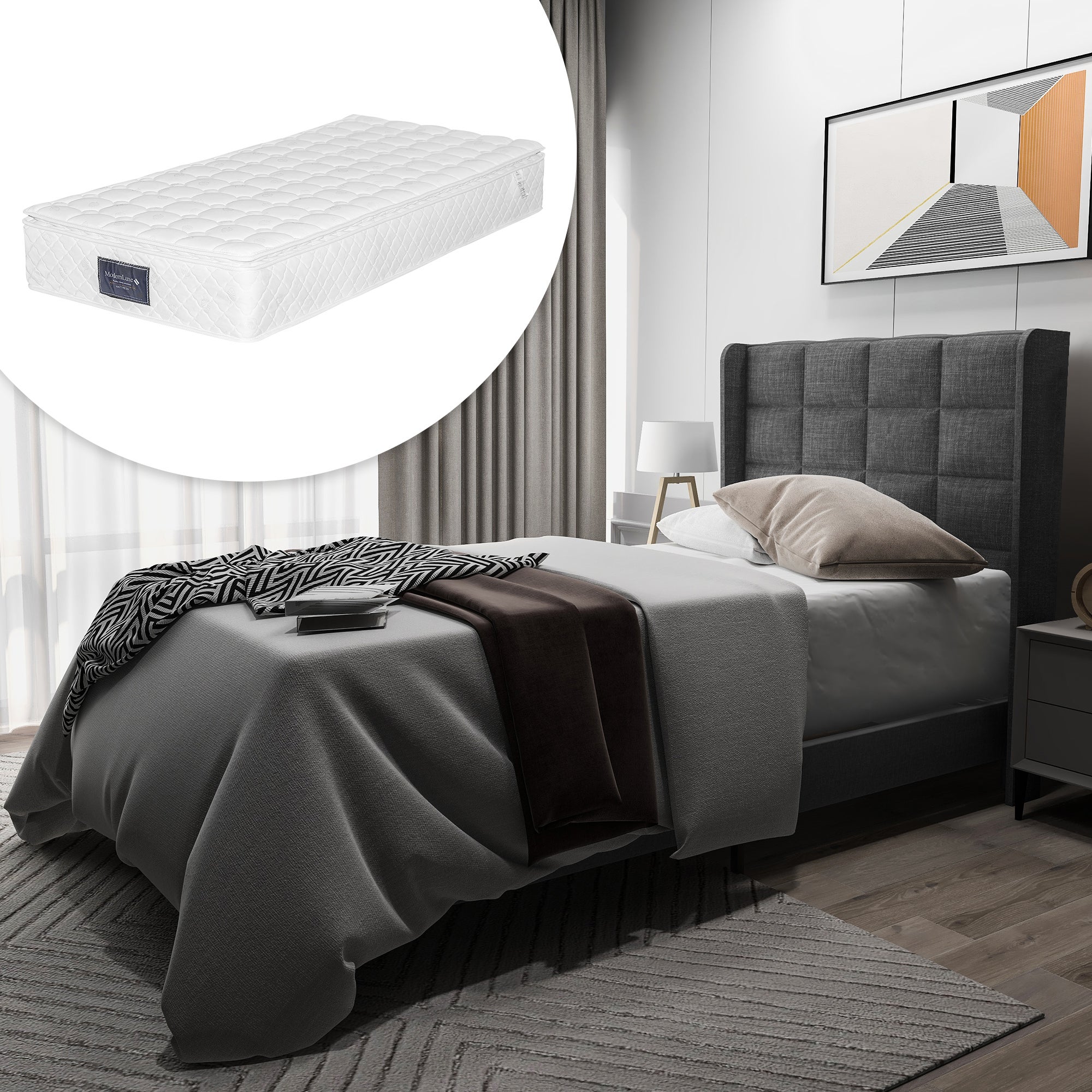Łóżko tapicerowane z zagłówkiem - 90 x 200 cm - tkanina lniana - boxspring + materac - szare