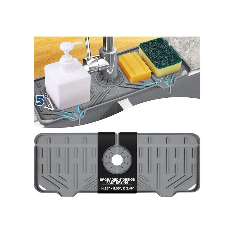 Silikonowa mata ociekowa na blat z uchwytem na kran, pojemnik na gąbkę do mycia naczyń na mydło do naczyń do akcesoriów zlewozmywakowych (szary)