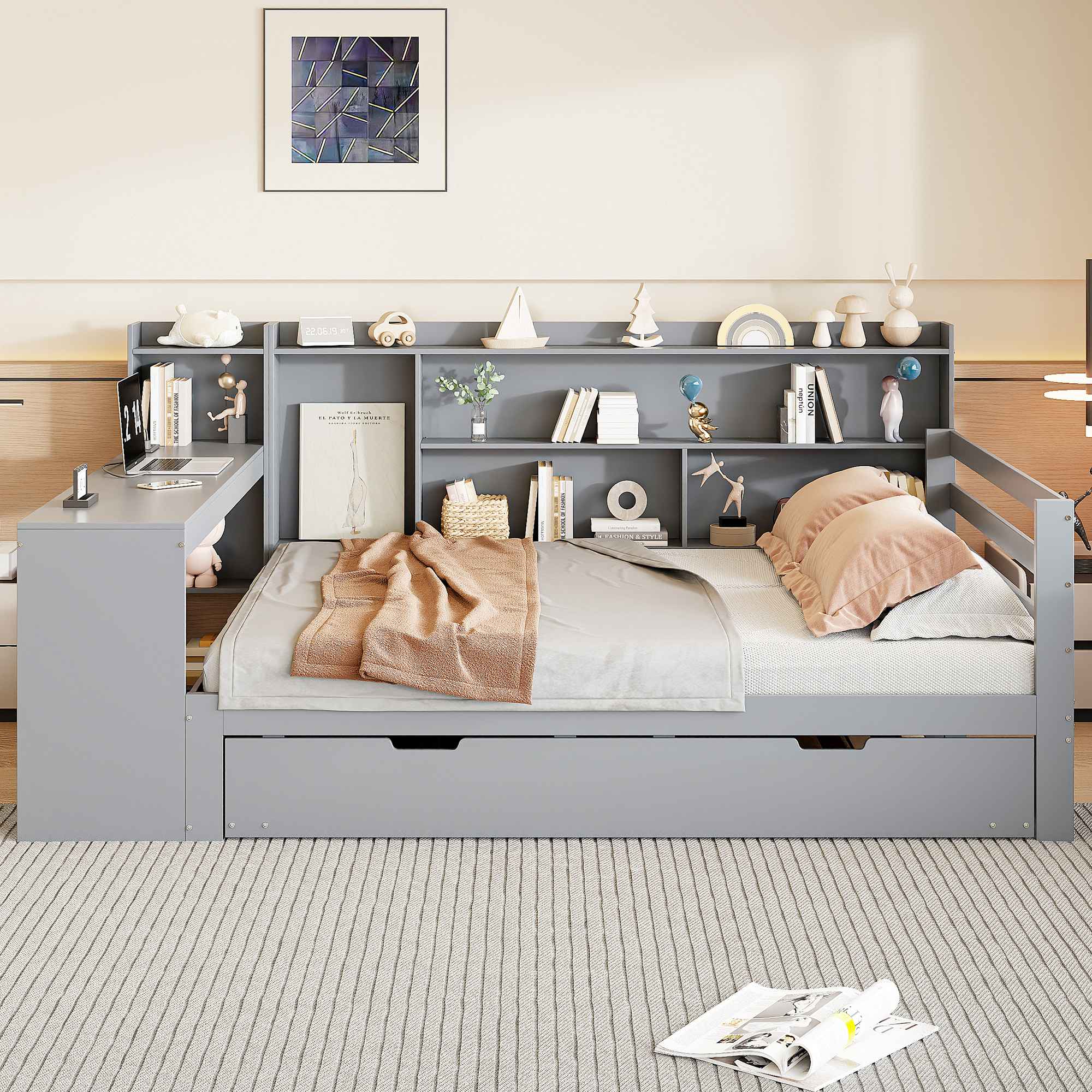 Canapé-lit En Bois Massif 90 X 200 Cm - Avec Compartiment De Rangement - Avec USB - Avec éclairage LED + Avec Prise De Courant - Blanc (sans Matelas