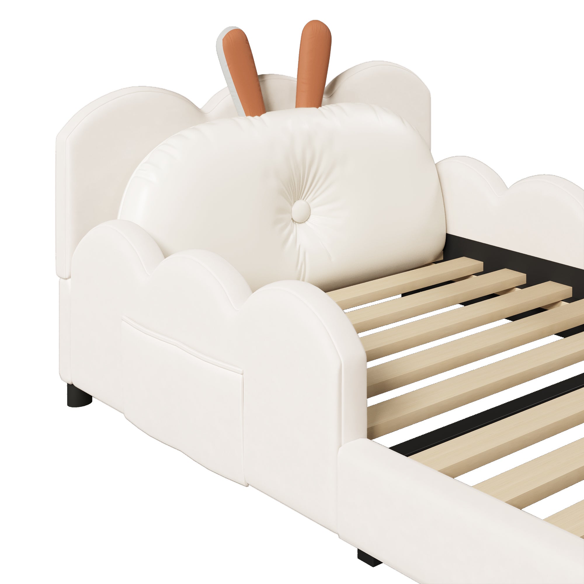 Łóżko tapicerowane dziecięce 90x200 cm - Poduszki w kształcie króliczka - Z barierkami - Z podstawą z listew - Płyta MDF + aksamit - Beż - 5