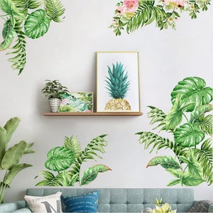 Stickers Muraux Feuilles Tropicales Vertes - 2 Pièces Autocollants Nature Jungle