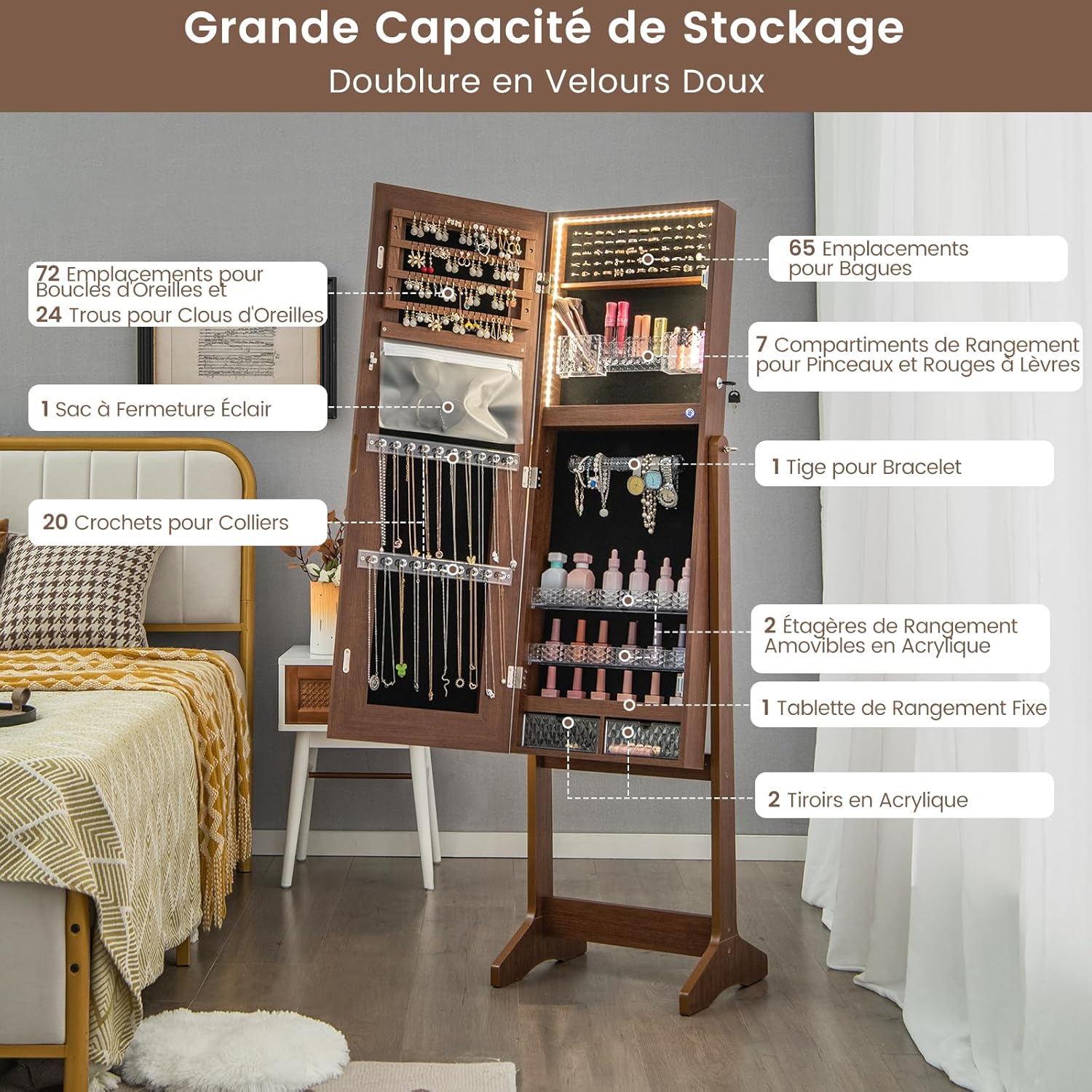 Armoire à Bijoux avec Miroir, Armoire de Rangement sur Pied pour Boucles d'Oreilles, Organisateur de Bijoux Verrouillable avec Lumières(Brun) - 4
