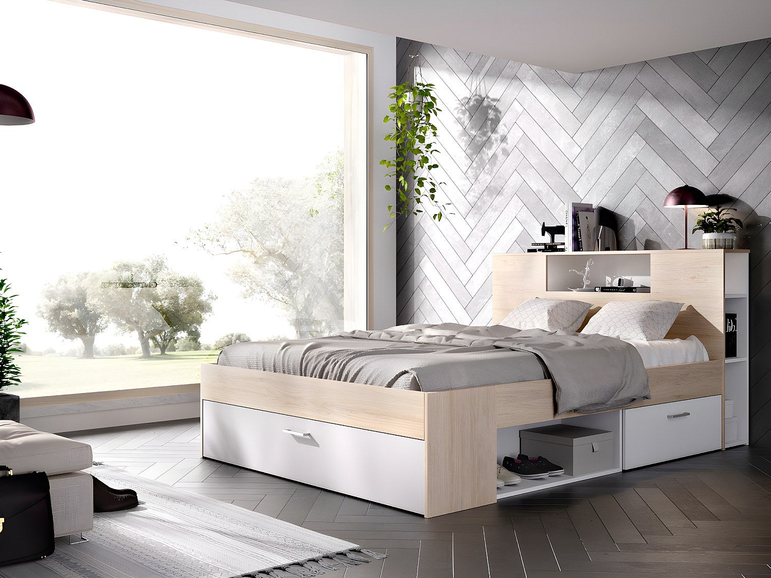 Łóżko z zagłówkiem, ze skrzynią i szufladami – 160 × 200 cm – kolor biały i naturalny - LEANDRE