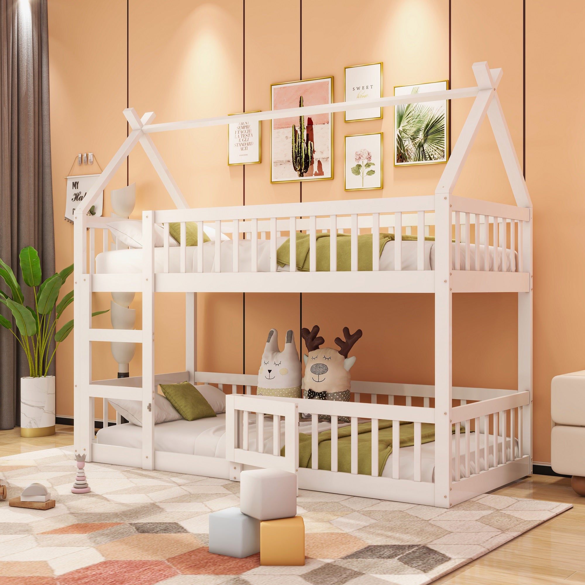 Łóżka piętrowe 2 x 90 x 200 cm z drzwiami i barierkami - Płyta MDF - Stelaż z listew - Biały