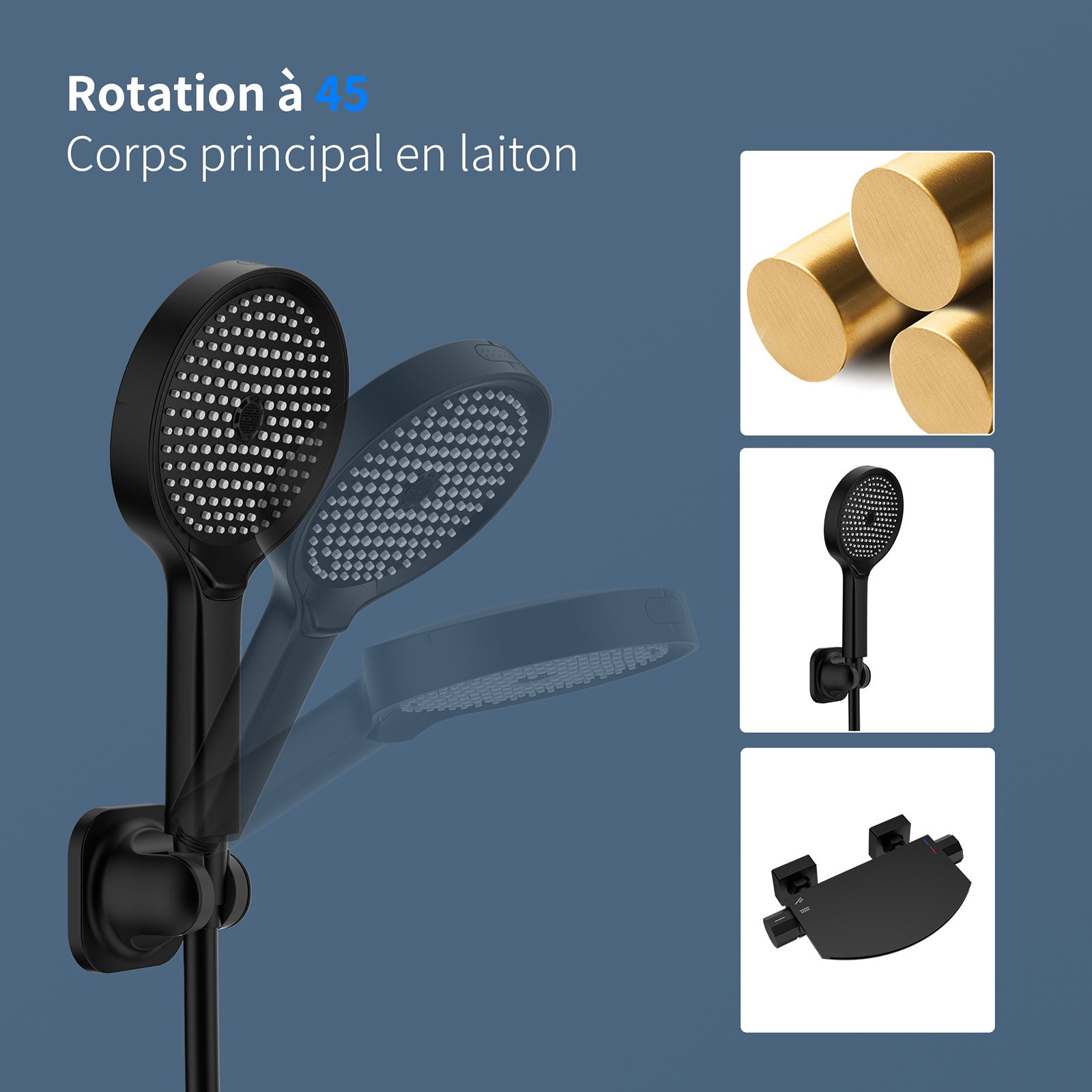 Mitigeur de Baignoire Cascade Extra-Large en Laiton avec Douchette 3+1 Modes et Étagère, Robinet Mural Noir Grand Débit - 6