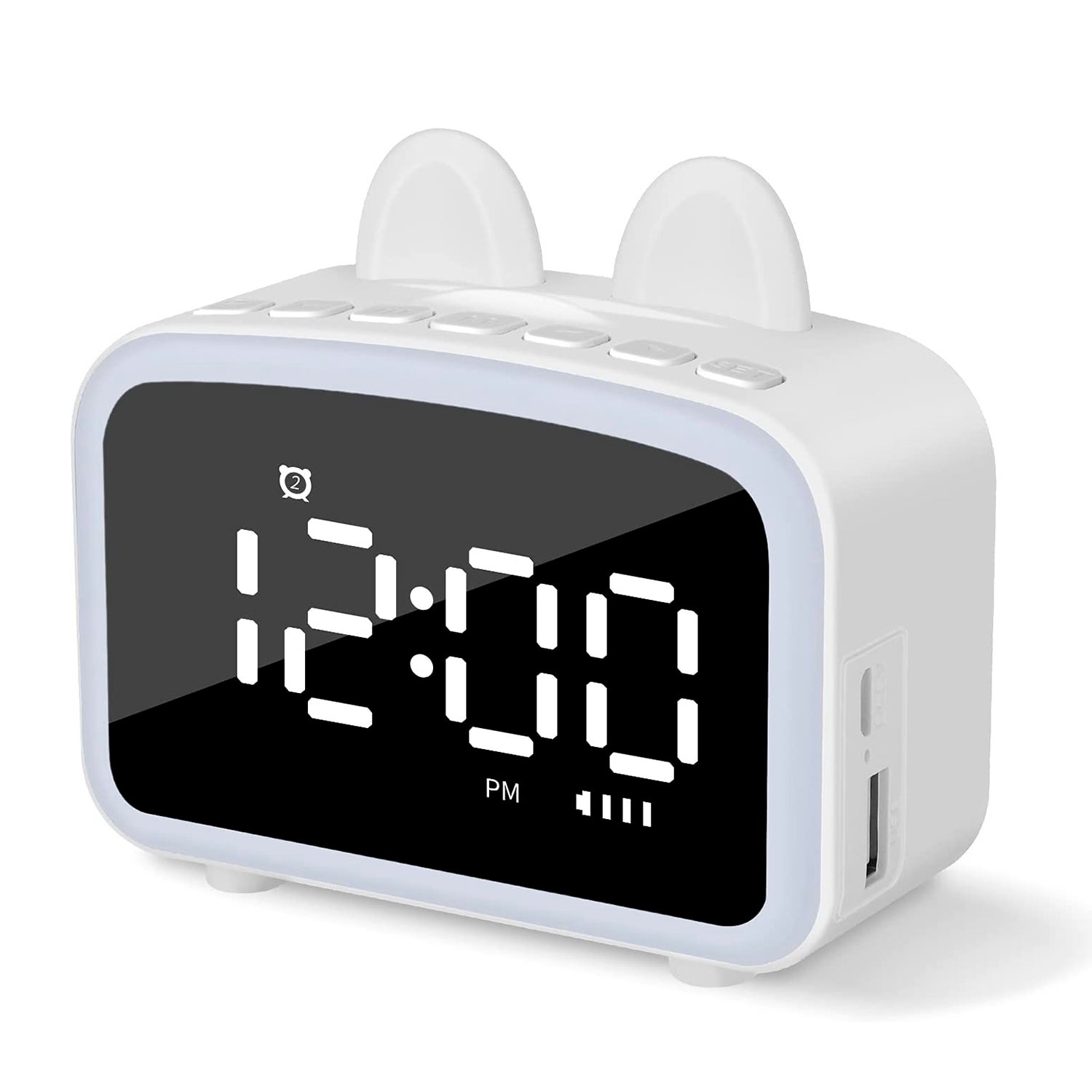 Reloj despertador lcd con luz nocturna, altavoz bluetooth incorporado, termómetro, radio, soporte de smartphone. batería recargable.