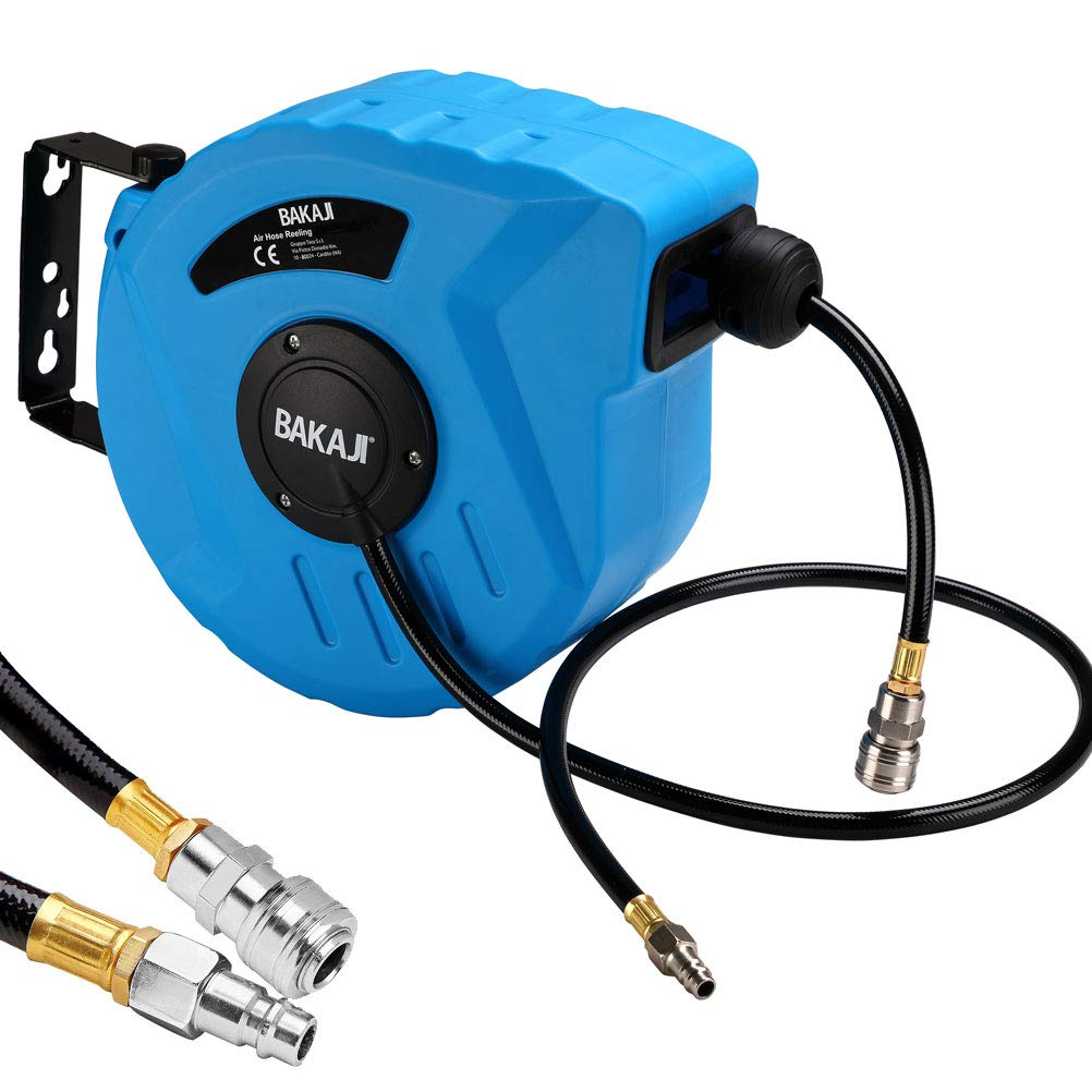 Avvolgitubo Per Aria Compressa Con Tubo 10 Mt + 1 Mt: Attacco 1/4", Pressione Max 12 Bar, Sistema Blocco Automatico, Supporto Orientabile A Parete. Ideale Per Officina O Garage.