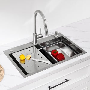 Cecipa max Évier 1 Bac 70×45CM Évier Inox Argent avec Egouttoir + Vasque + Distributeur de Savon (Montage sur le Dessus/Montage à Plat),EU Modèle