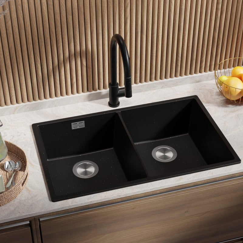 Zlewozmywak Czarny Metalik 76x47cm, Zlew Kuchenny 2 Komorowy + Syfon, Nablatowy do szafki od 80cm - Londyn Slim Twin PRIMAGRAN