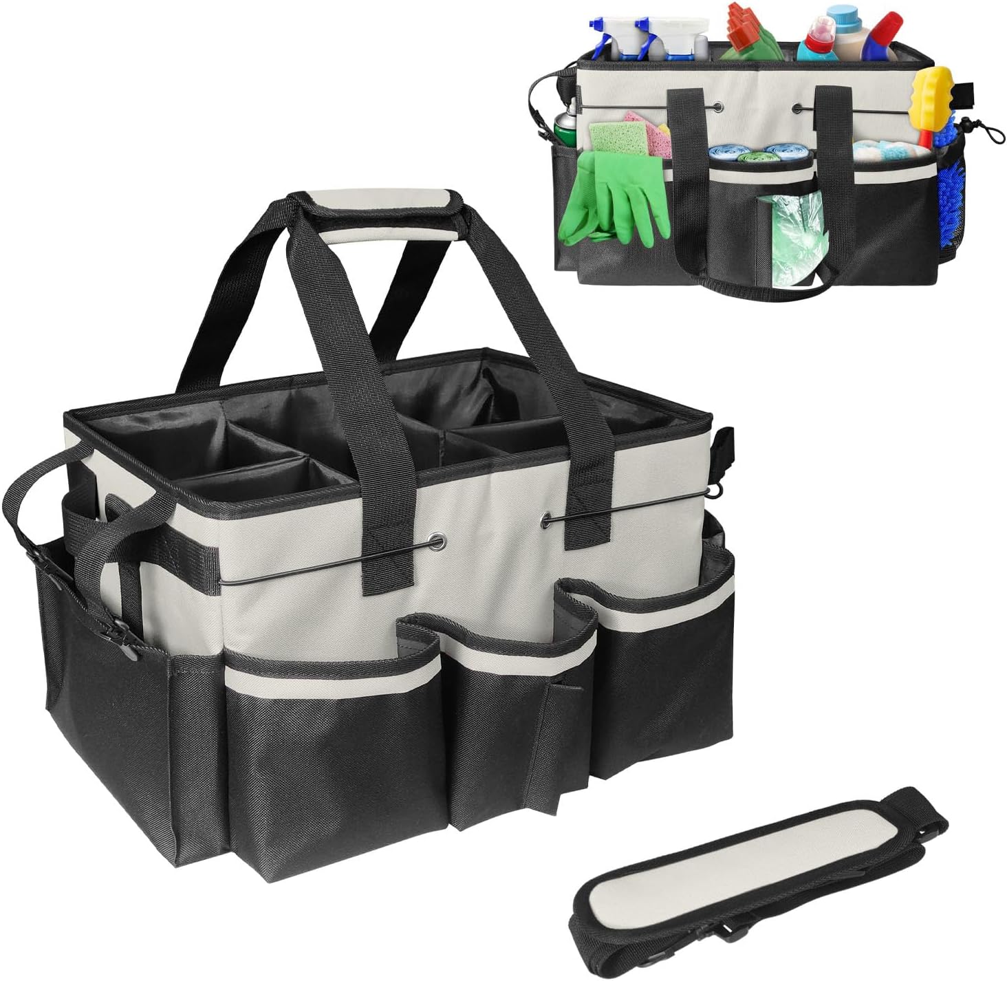 HODRANT Caddy per la Pulizia Grande con Trolley Staccabile e Tracolla, Borsa per Prodotti per la Pulizia con Piastre di Supporto Tutt'intorno e Tasche, Borsa Organizer per Pulizia con Rotelle