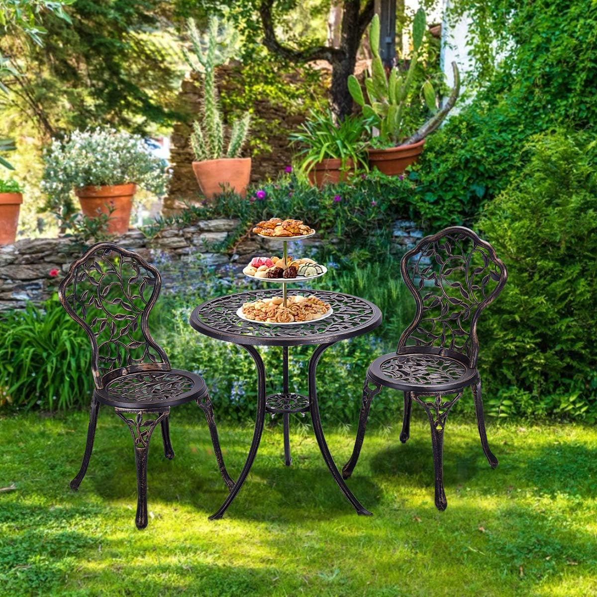 Ensemble de Bistrot pour Jardin de 3 Pièces en Fonte Aluminium avec 2 Chaises et 1 Table Ronde et Terasse, Ensemble Table et Chaise en Métal - 7
